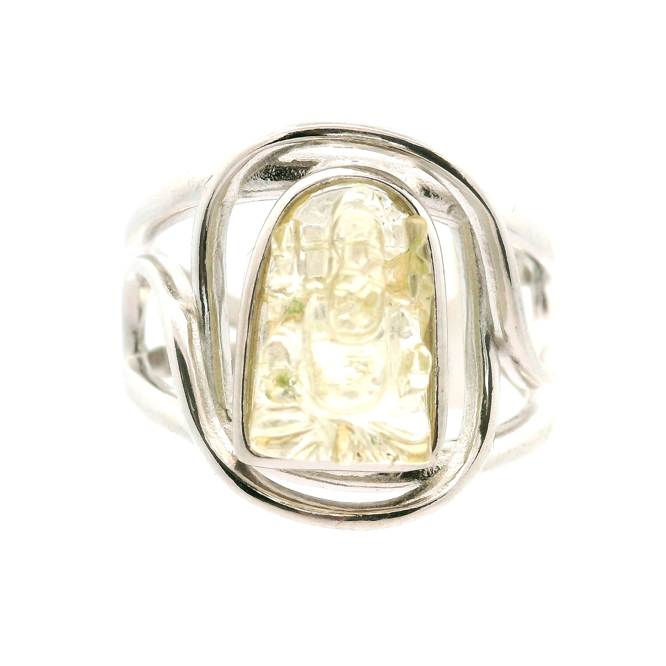 Yellow Scapolite Carved Ganesha Cuff Ring .925 Silver for Insight and Removing Obstacles