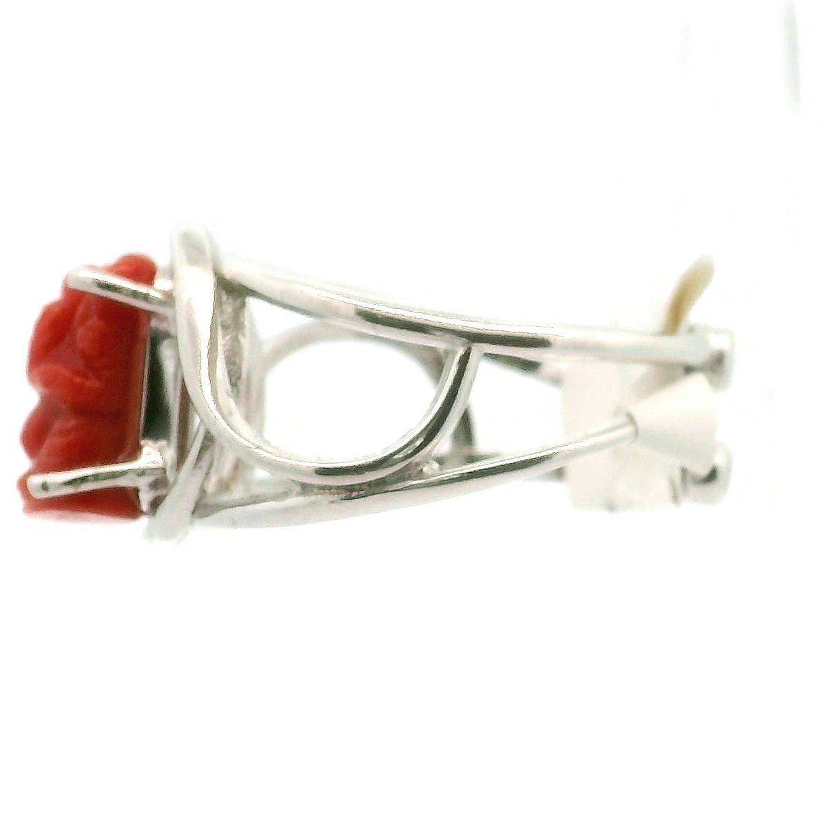 Coral Ganesha Cuff Ring .925 Silver for Healing Trauma, Stability and Wisdom