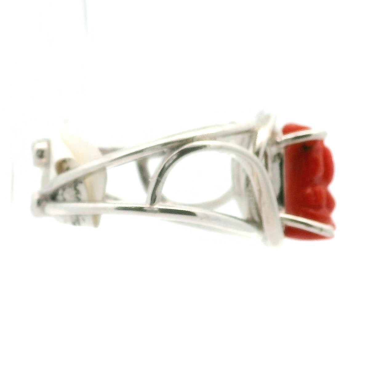 Coral Ganesha Cuff Ring .925 Silver for Healing Trauma, Stability and Wisdom