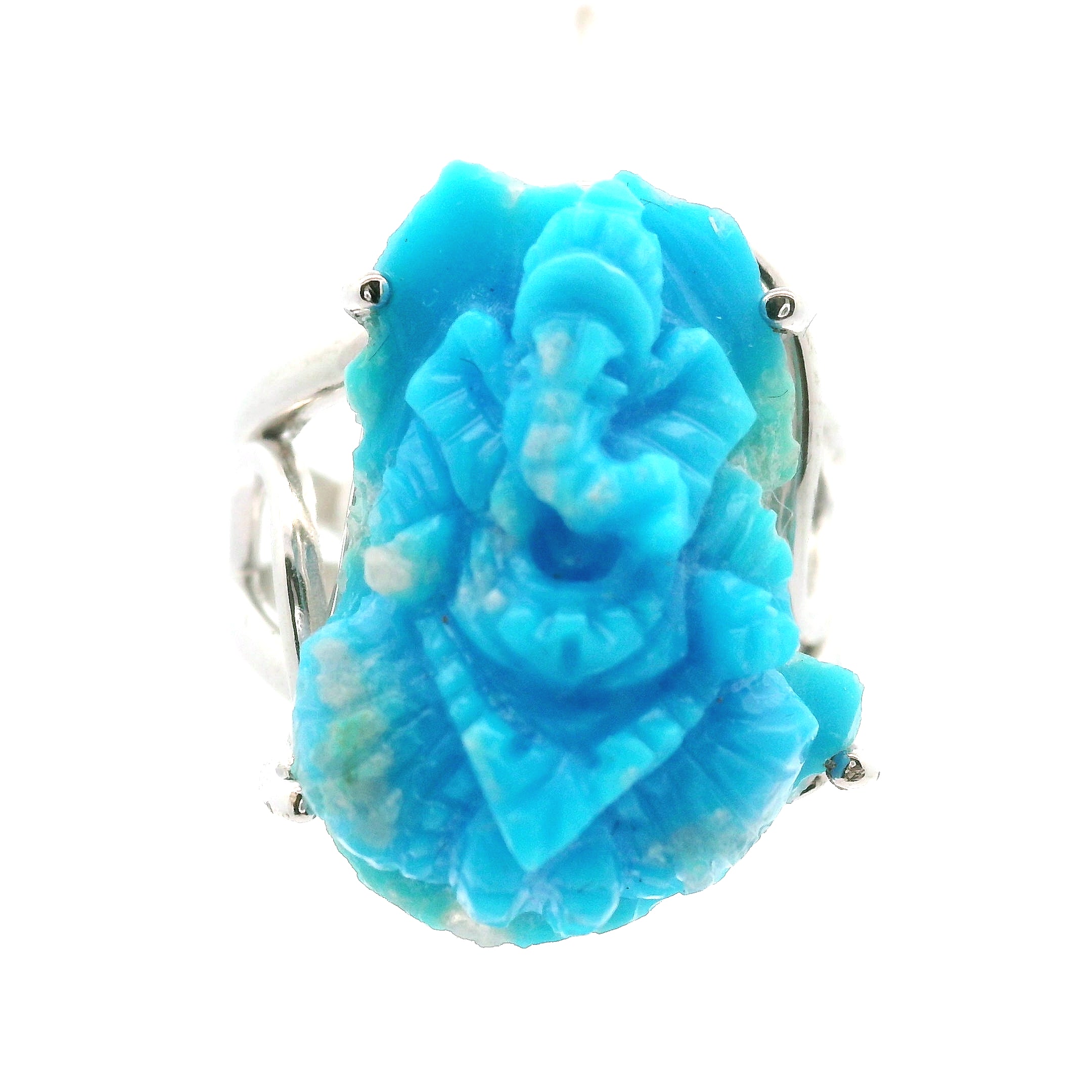 Turquoise Carved Ganesha Cuff Ring for Good Luck, Prosperity and Protection
