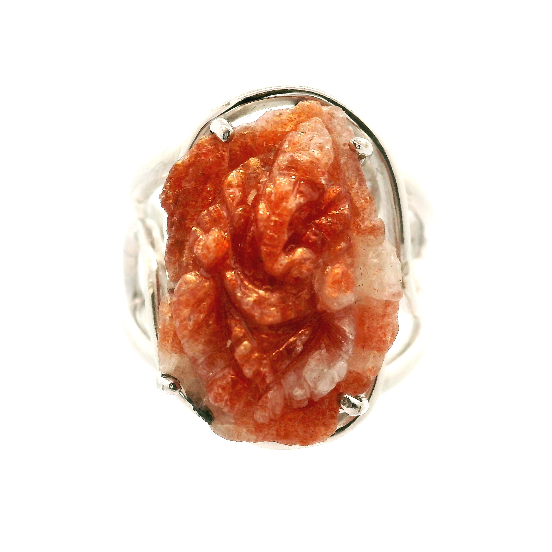 Sunstone Carved Ganesha Cuff Ring .925 Silver for Prosperity and Removing Obstacles