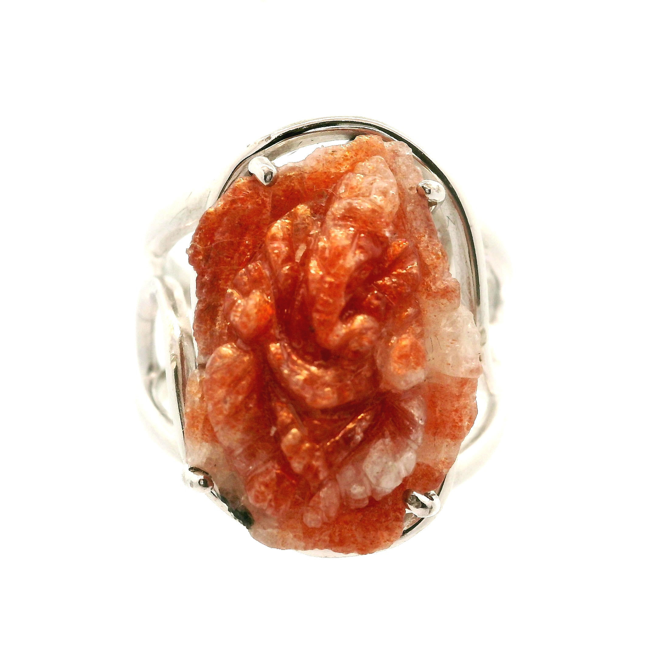 Sunstone Carved Ganesha Cuff Ring .925 Silver for Prosperity and Removing Obstacles