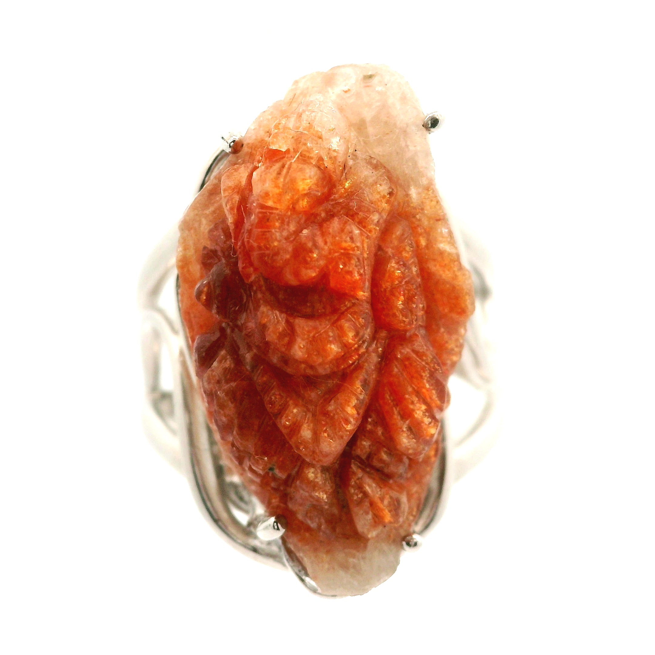Sunstone Carved Ganesha Cuff Ring .925 Silver for Prosperity and Removing Obstacles