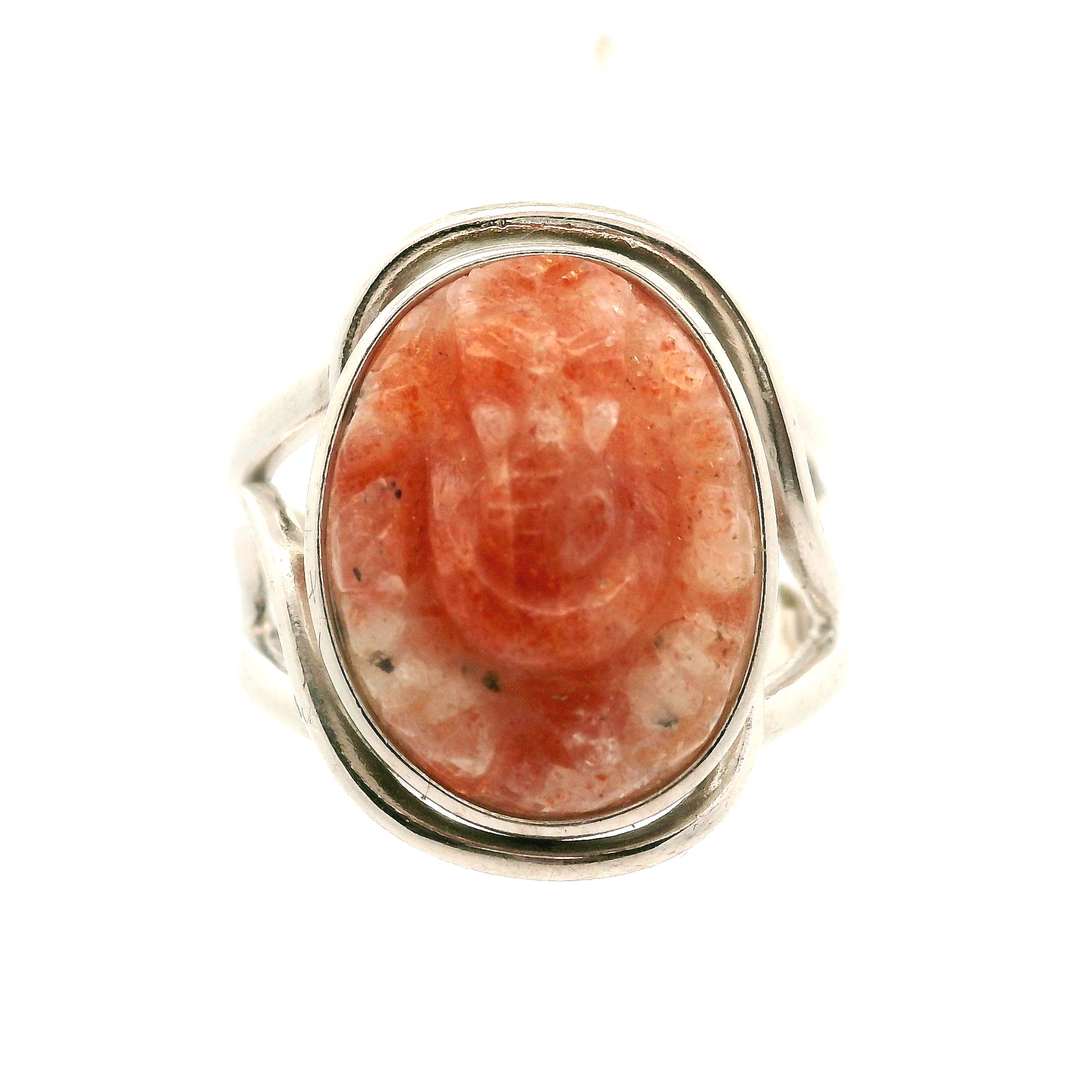 Sunstone Carved Ganesha Cuff Ring .925 Silver for Prosperity and Removing Obstacles