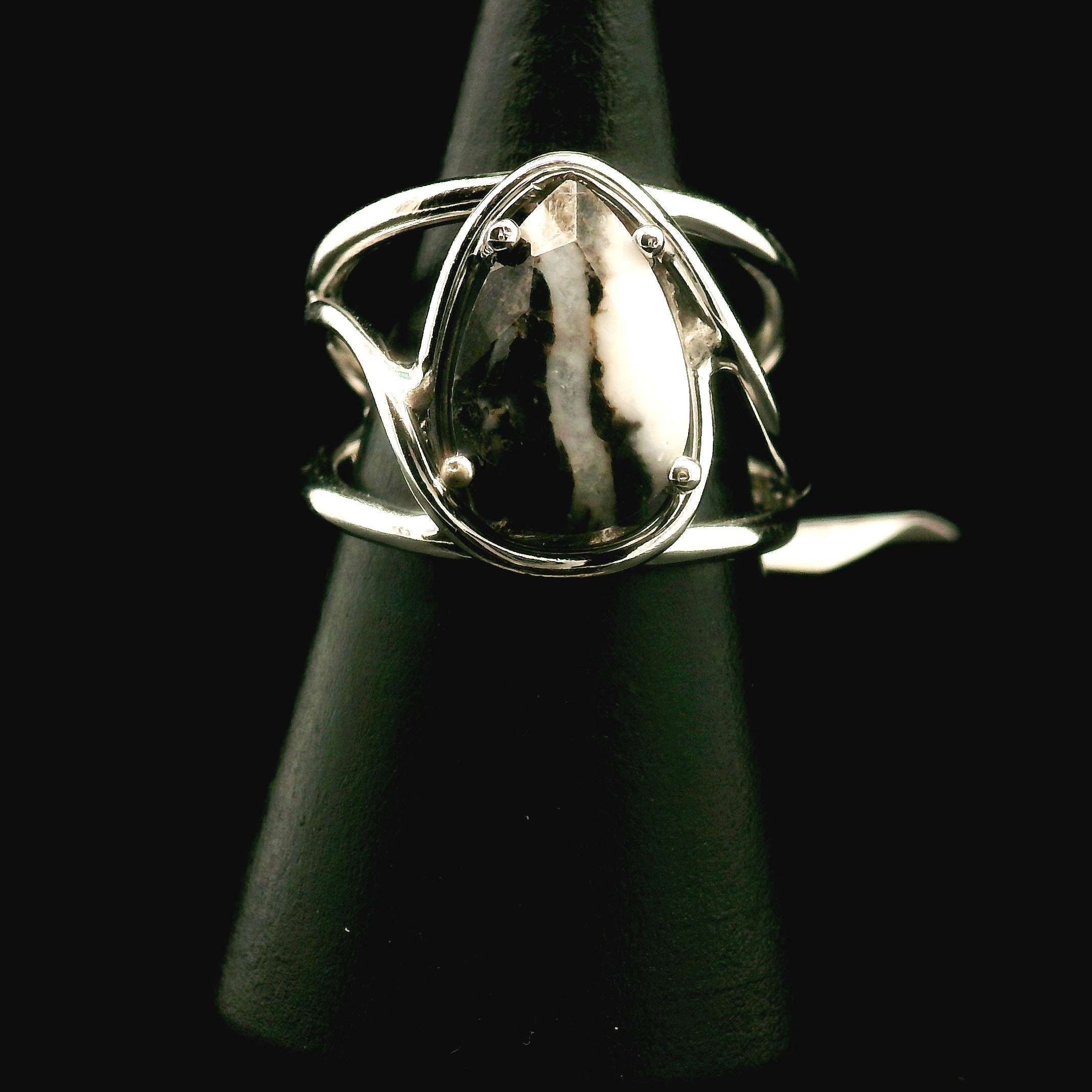 Zebra Agate Faceted Cuff Ring 925 Silver for Balance, Clearing Blockages and Releasing Negativity