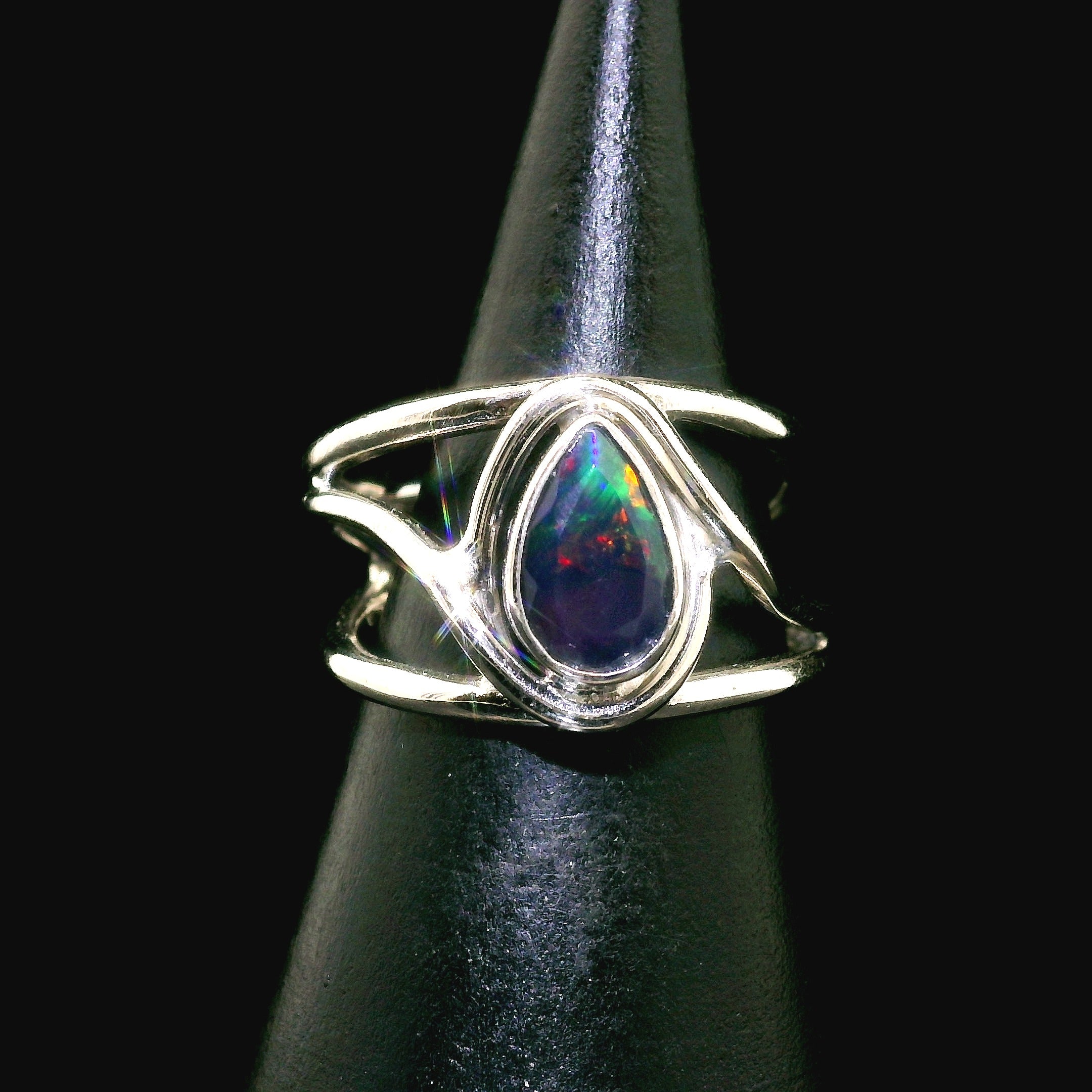 Black Opal Midi Cuff Ring .925 Silver for Good Luck, Protection and Joy