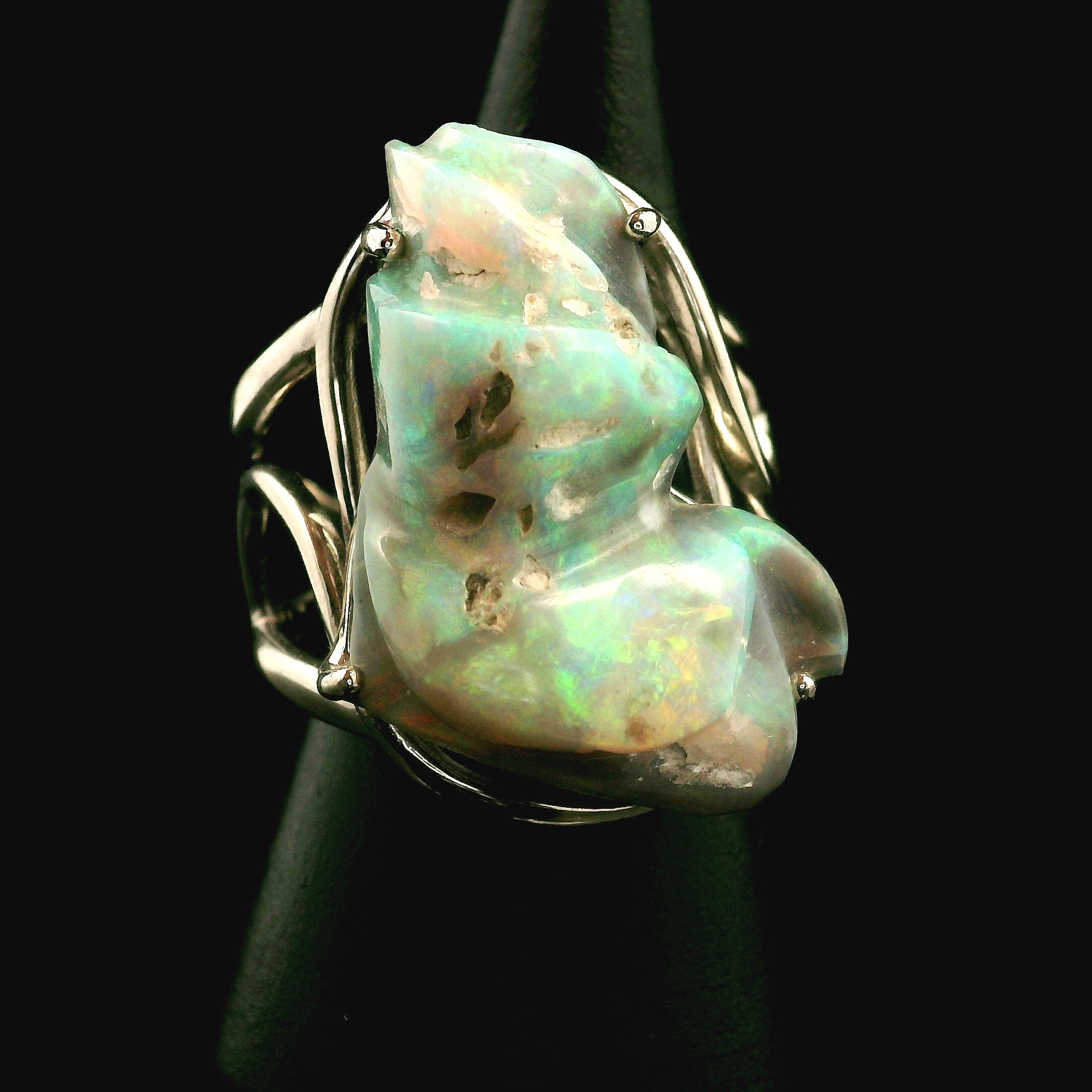Ethiopian Opal Fantasy Cut Cuff Ring .925 Sterling Silver for Manifesting, Joy and Transformation