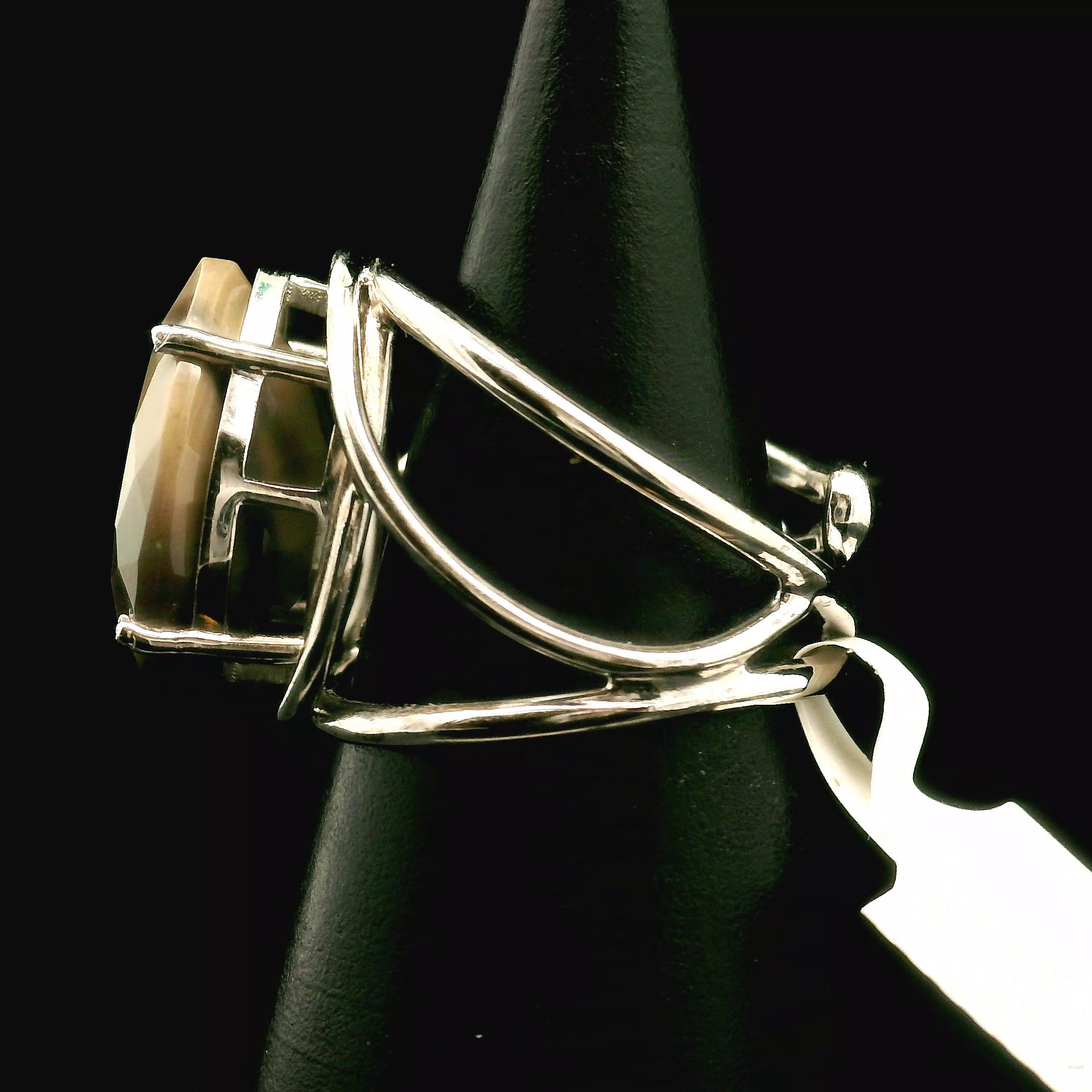 Polish Flint Faceted Cuff Ring .925 Silver for Powerful Protection Against Negative Energy