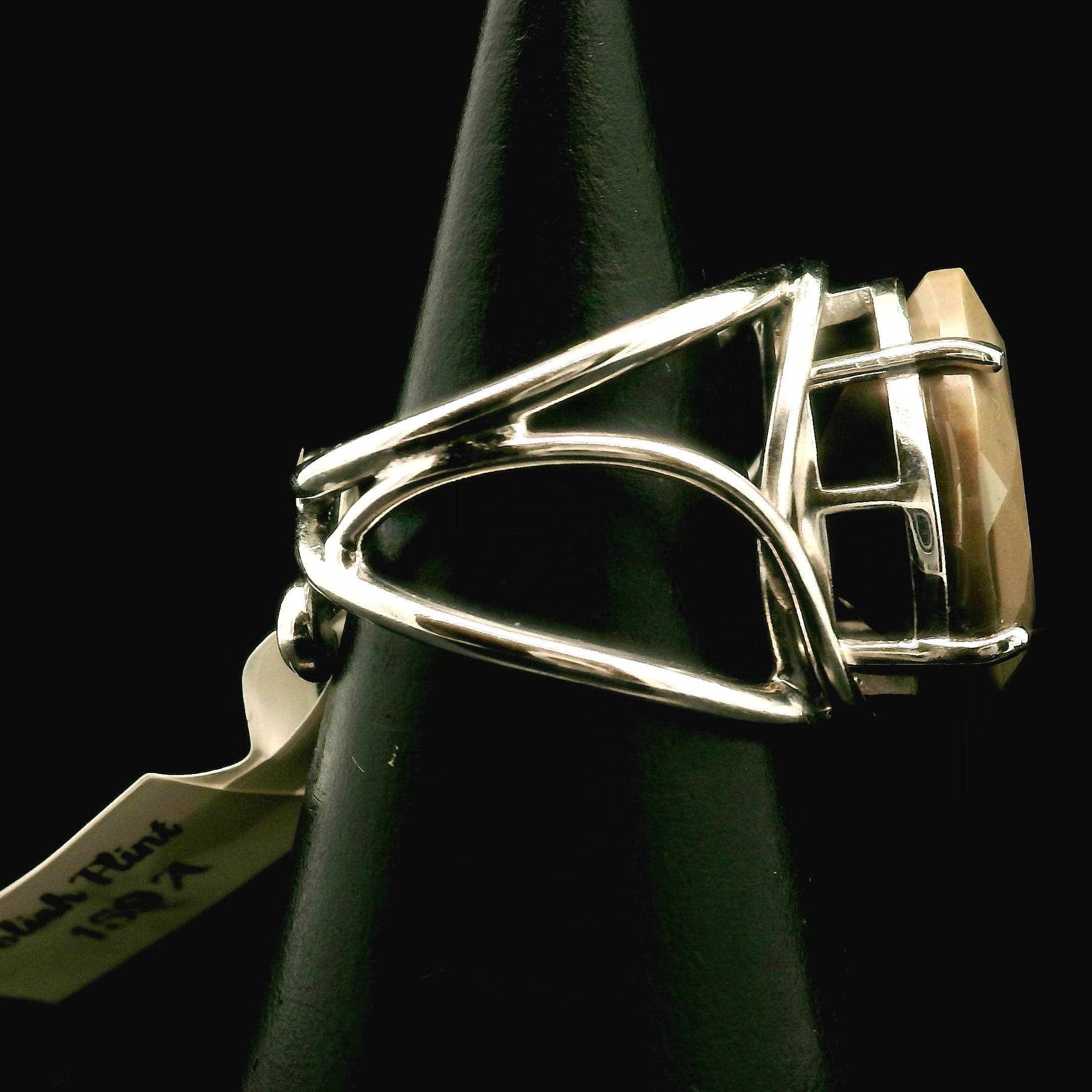 Polish Flint Faceted Cuff Ring .925 Silver for Powerful Protection Against Negative Energy