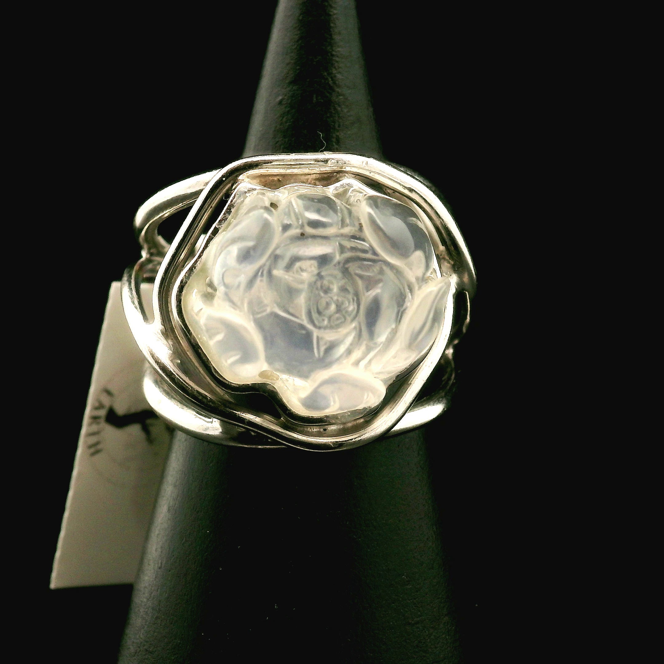 Rainbow Moonstone Lotus Cuff Ring .925 Silver for New Beginnings, Protection and Manifestation