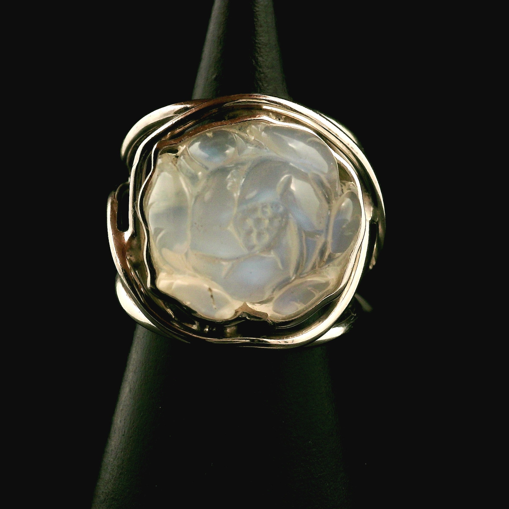 Rainbow Moonstone Lotus Cuff Ring .925 Silver for New Beginnings, Protection and Manifestation