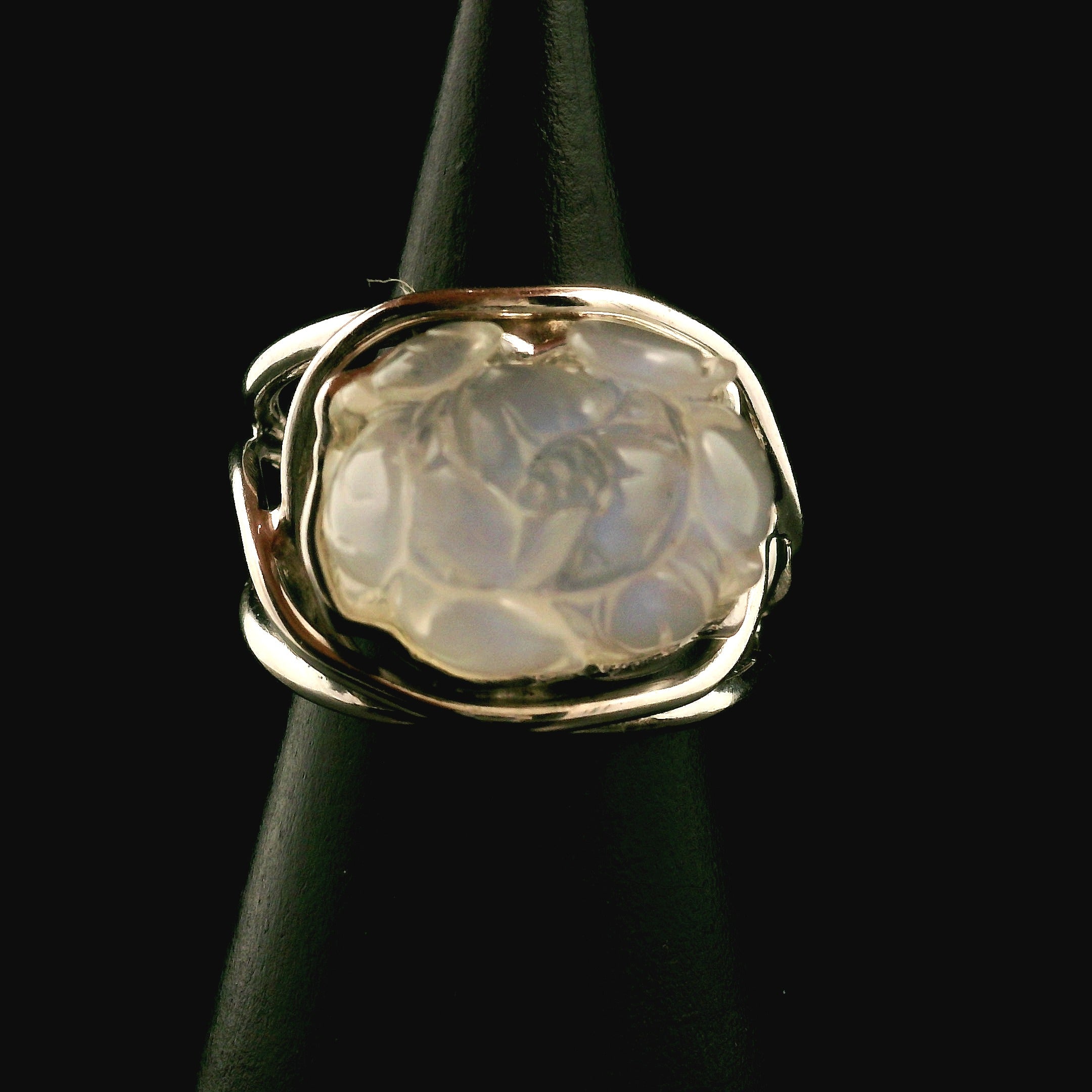 Rainbow Moonstone Lotus Cuff Ring .925 Silver for New Beginnings, Protection and Manifestation