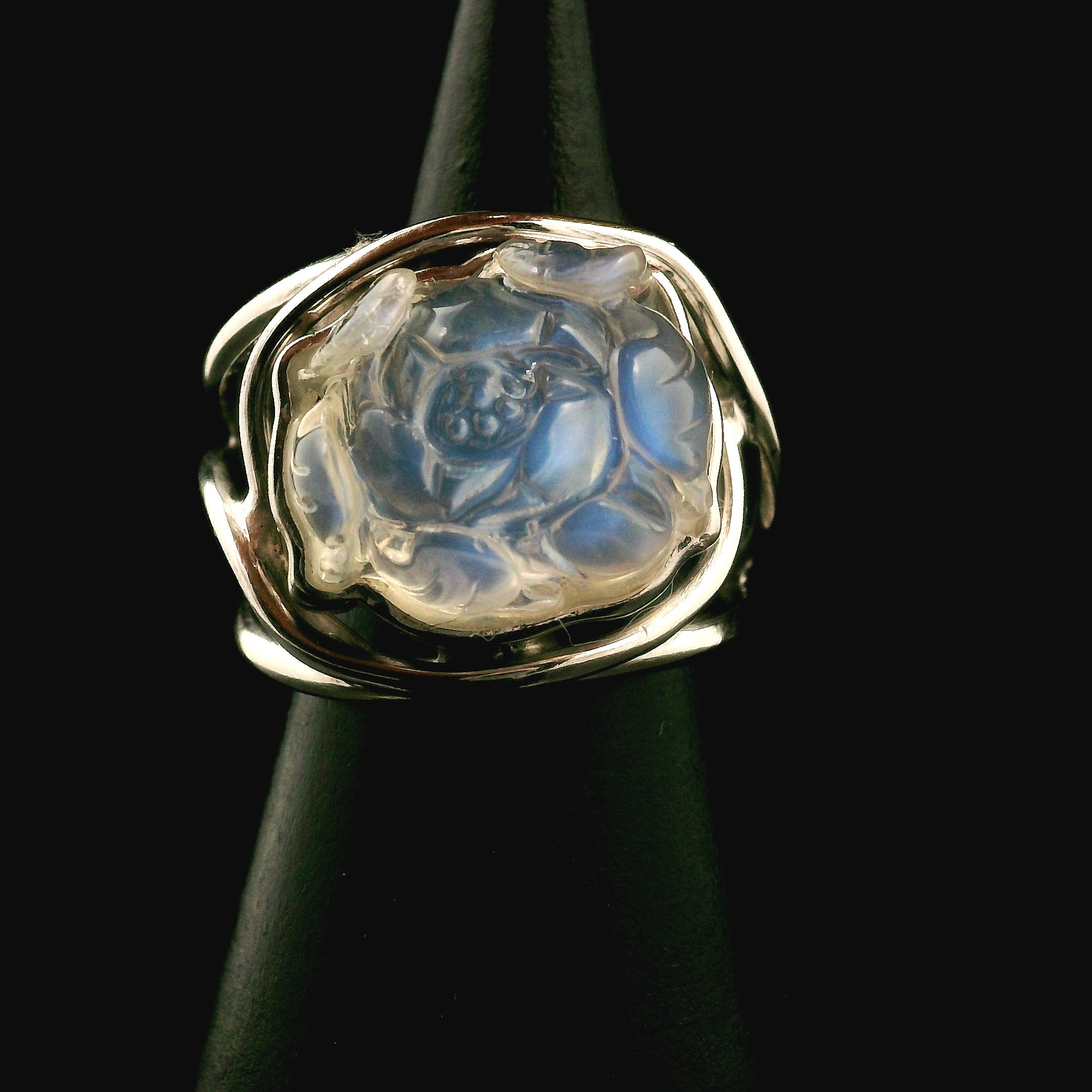 Rainbow Moonstone Lotus Cuff Ring .925 Silver for New Beginnings, Protection and Manifestation