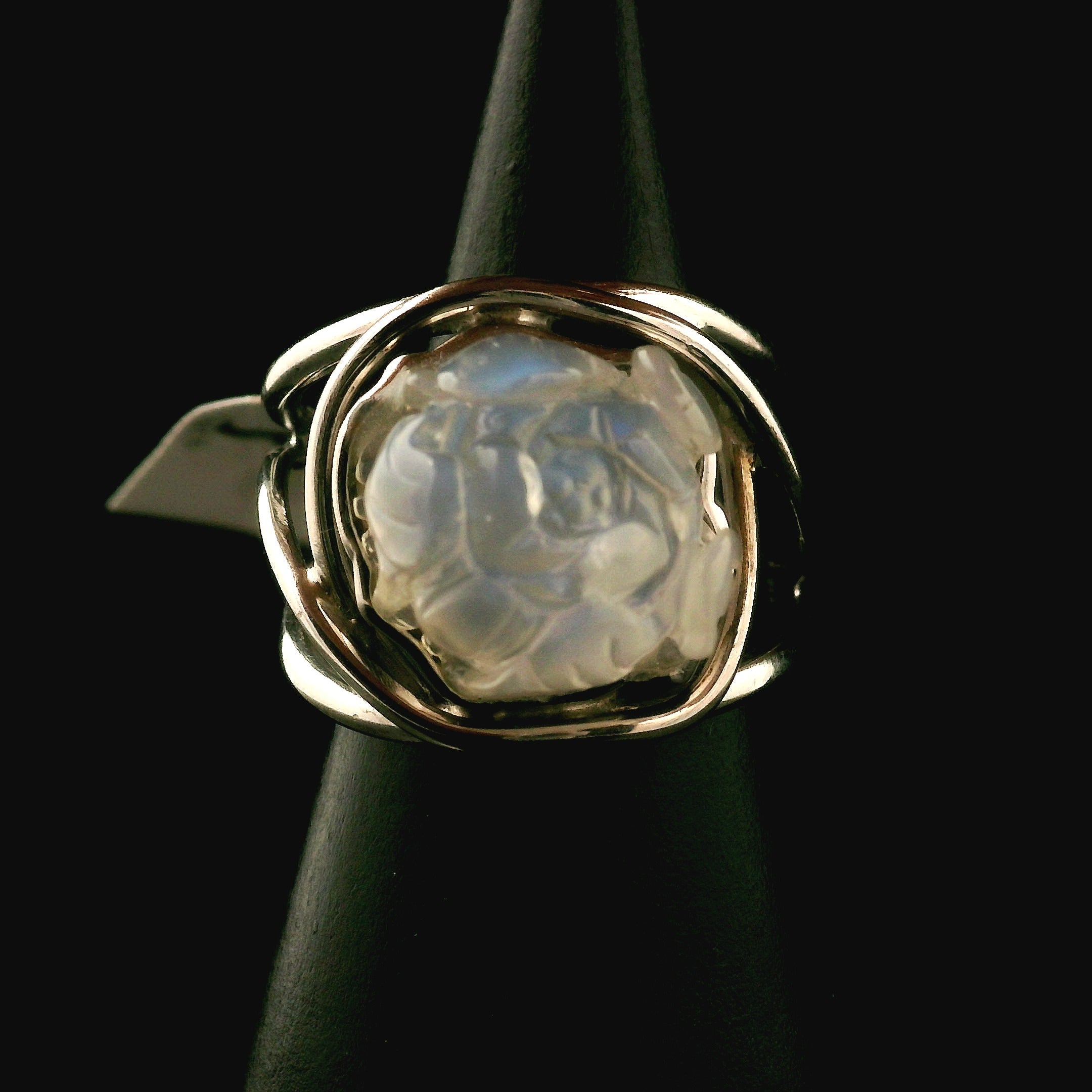 Rainbow Moonstone Lotus Cuff Ring .925 Silver for New Beginnings, Protection and Manifestation