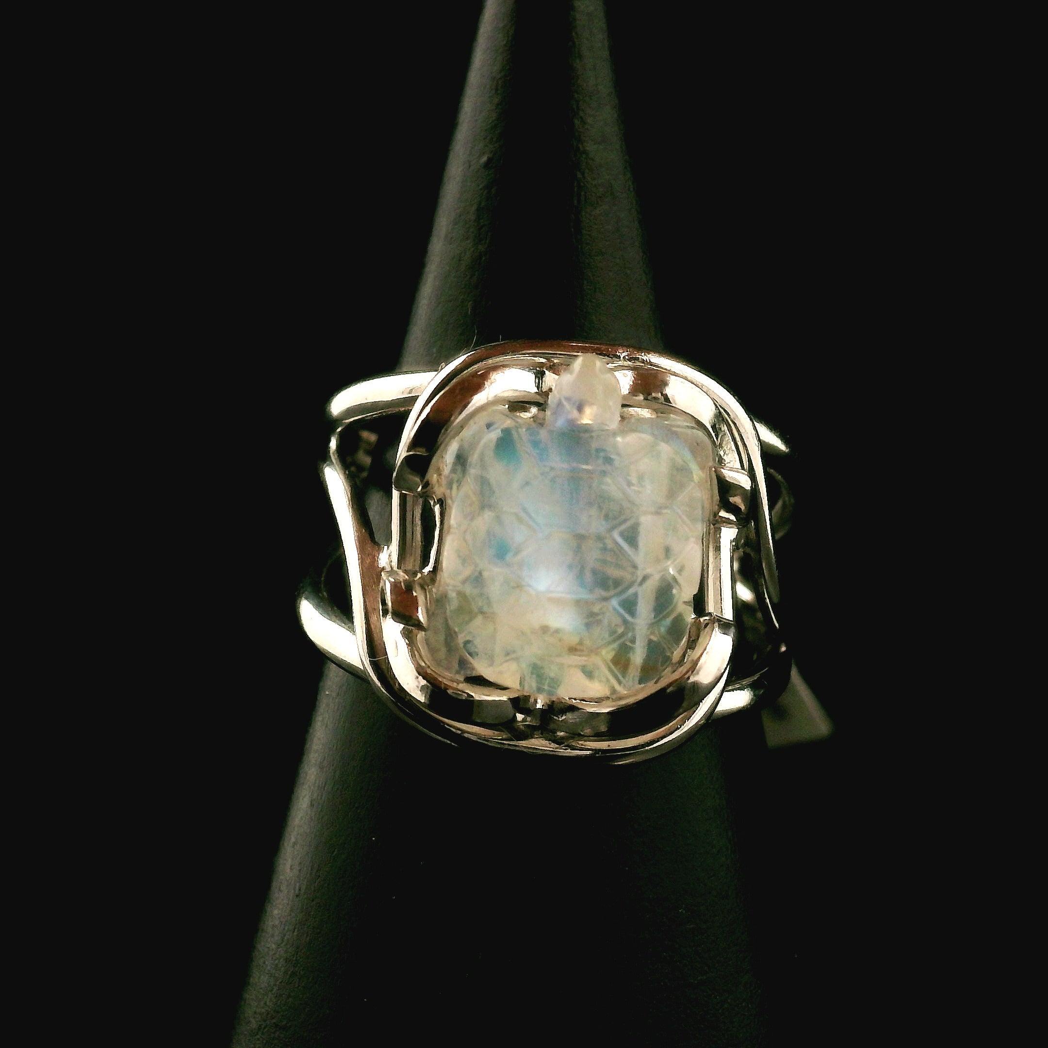 Rainbow Moonstone Turtle Cuff Ring .925 Silver for New Beginnings, Protection and Manifestation