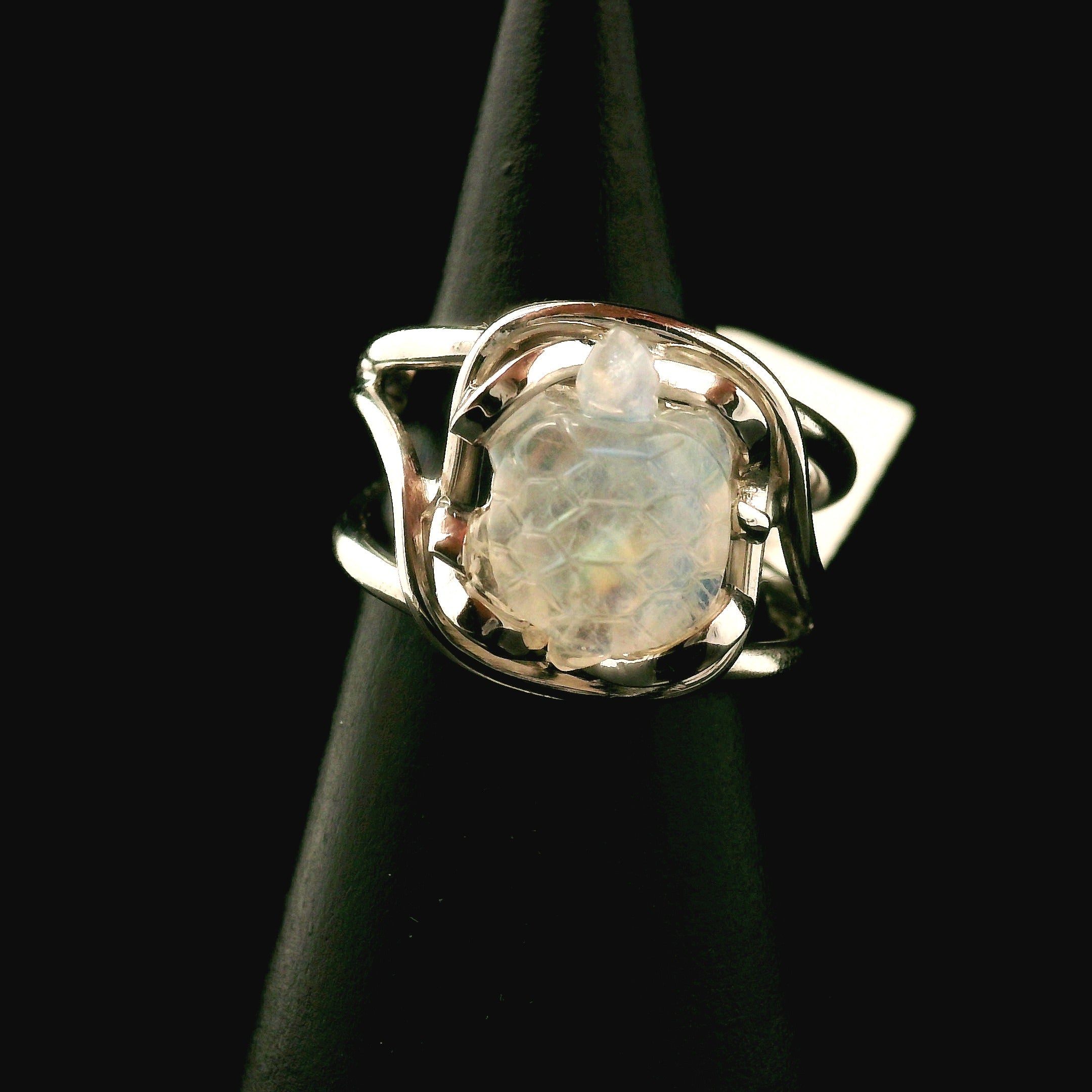 Rainbow Moonstone Turtle Cuff Ring .925 Silver for New Beginnings, Protection and Manifestation