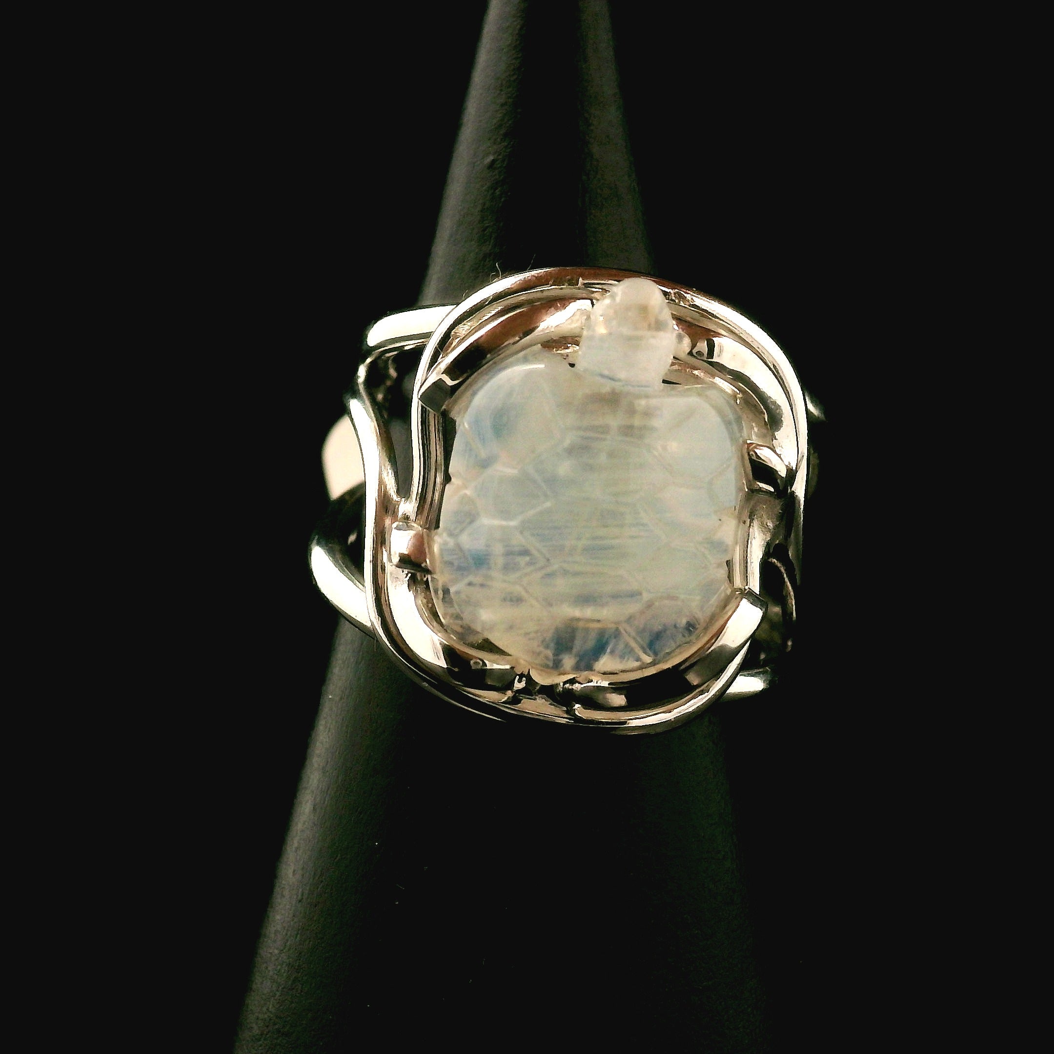 Rainbow Moonstone Turtle Cuff Ring .925 Silver for New Beginnings, Protection and Manifestation