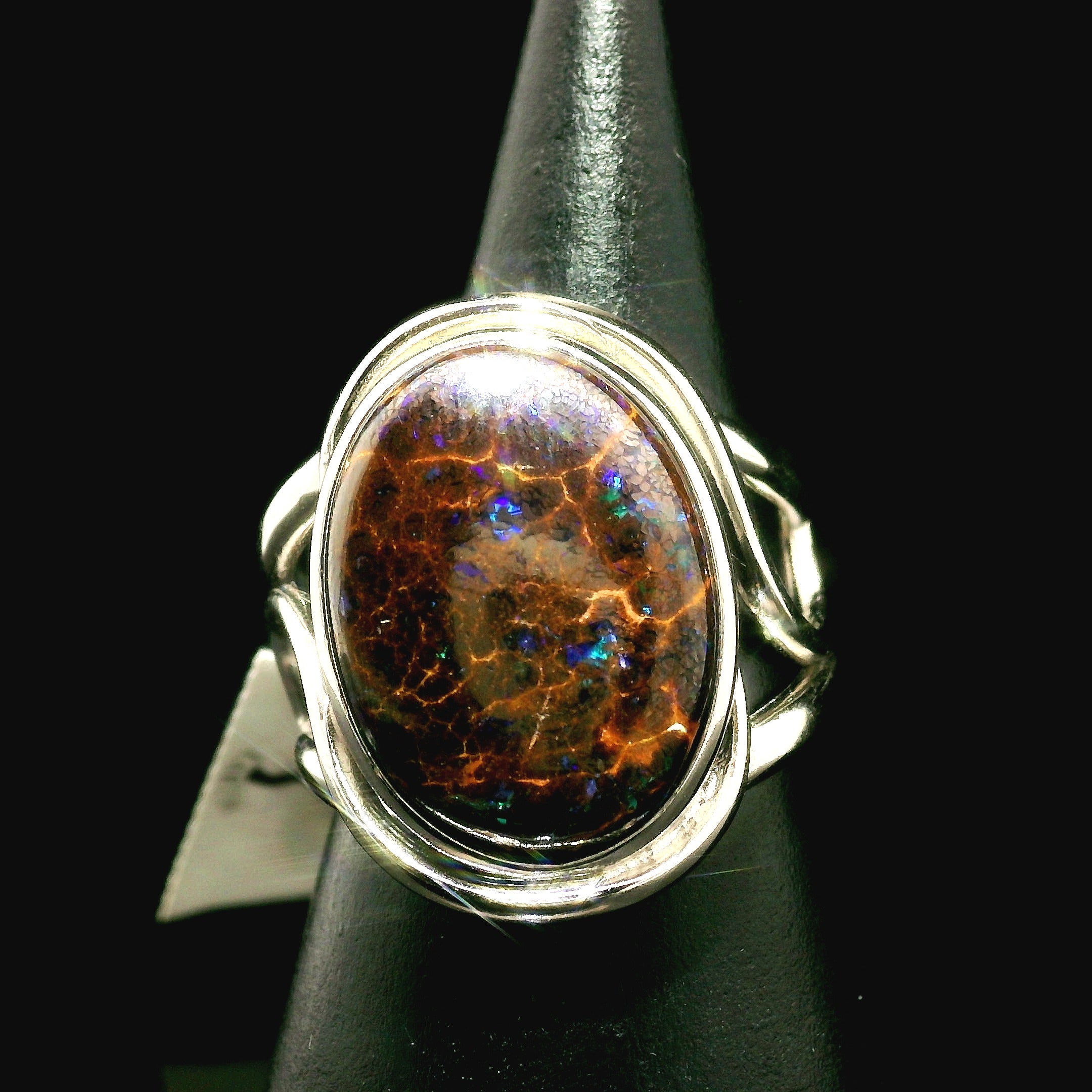 Boulder Opal Cuff Ring .925 Silver for Emotional Support, Joy and Self Worth