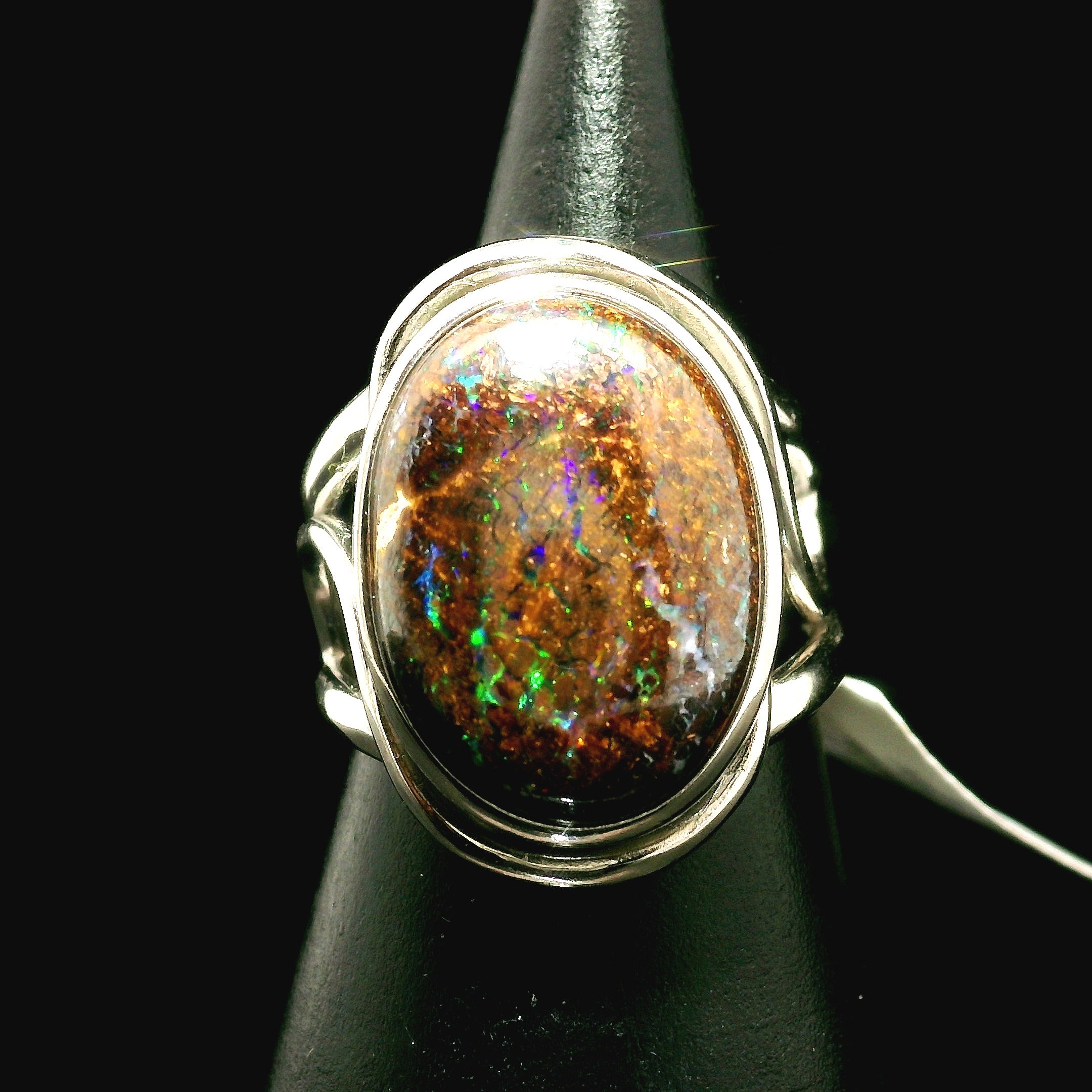 Boulder Opal Cuff Ring .925 Silver for Emotional Support, Joy and Self Worth