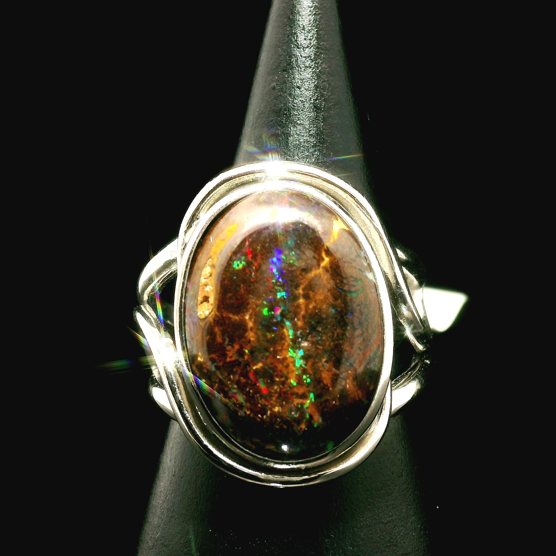 Boulder Opal Cuff Ring .925 Silver for Emotional Support, Joy and Self Worth