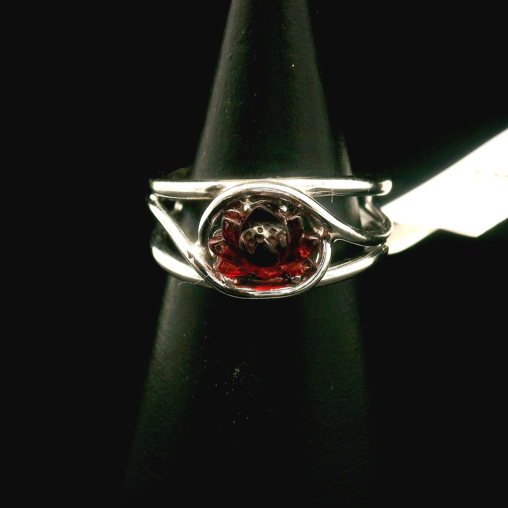 Garnet Lotus Cuff Ring .925 Silver for Health and Strength