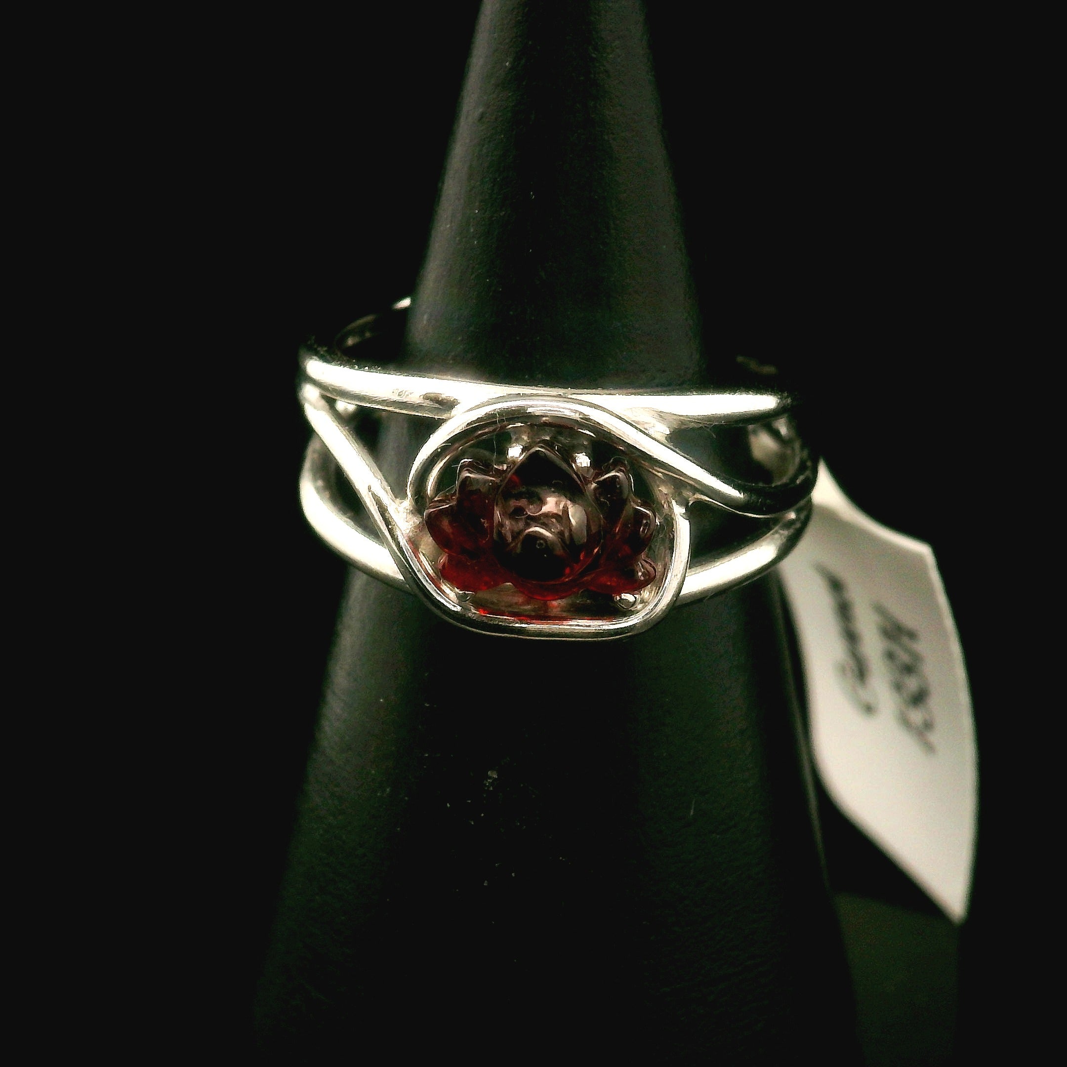 Garnet Lotus Cuff Ring .925 Silver for Health and Strength
