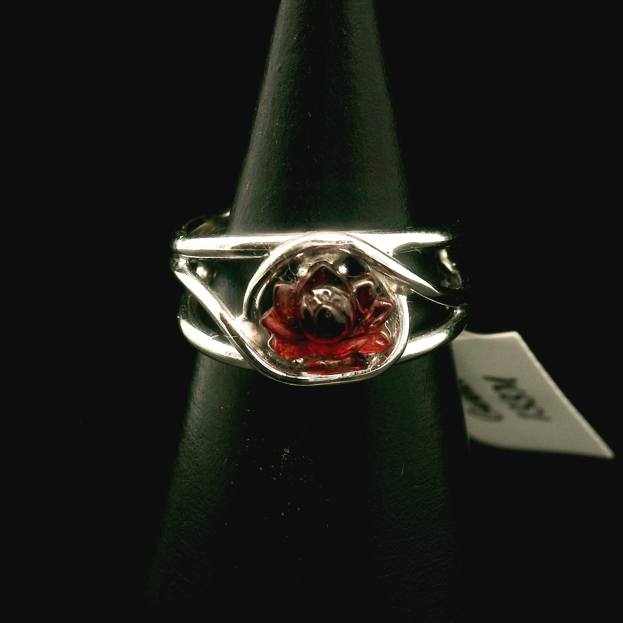 Garnet Lotus Cuff Ring .925 Silver for Health and Strength