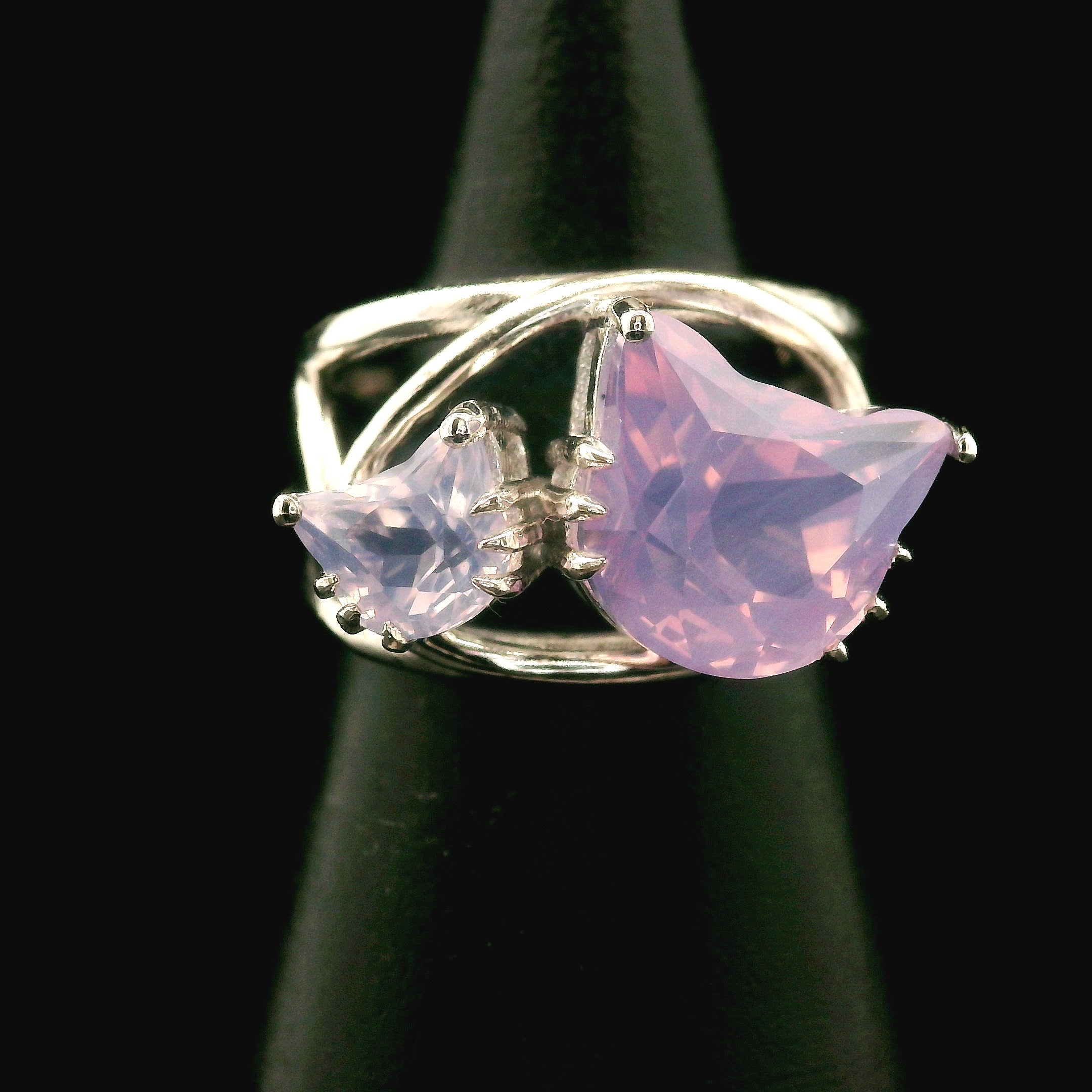 Double Cat Faceted Cuff Ring .925 Silver
