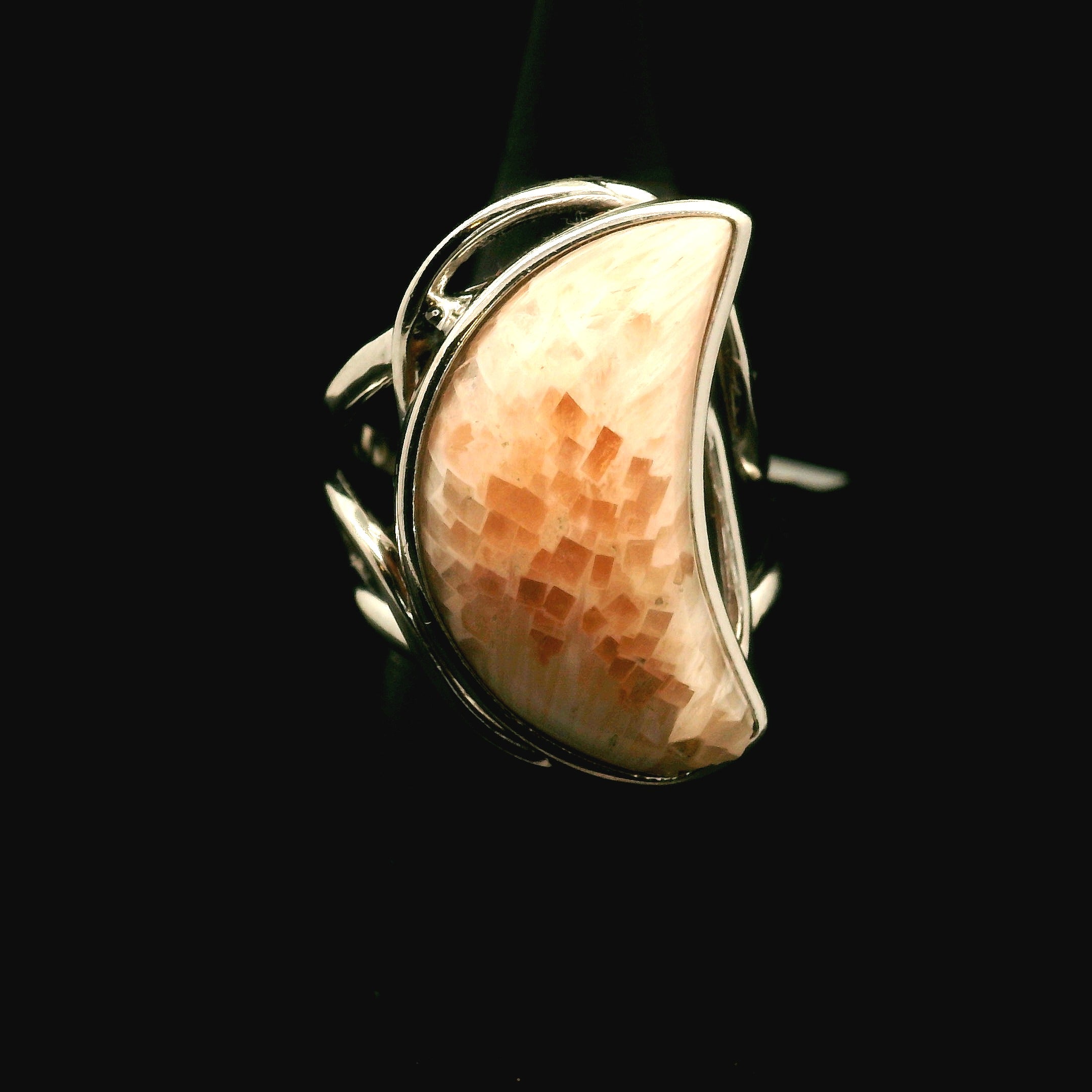 Scolecite Stilbite Moon Cuff Ring .925 Silver for Accessing Higher Realms and Lineage Healing