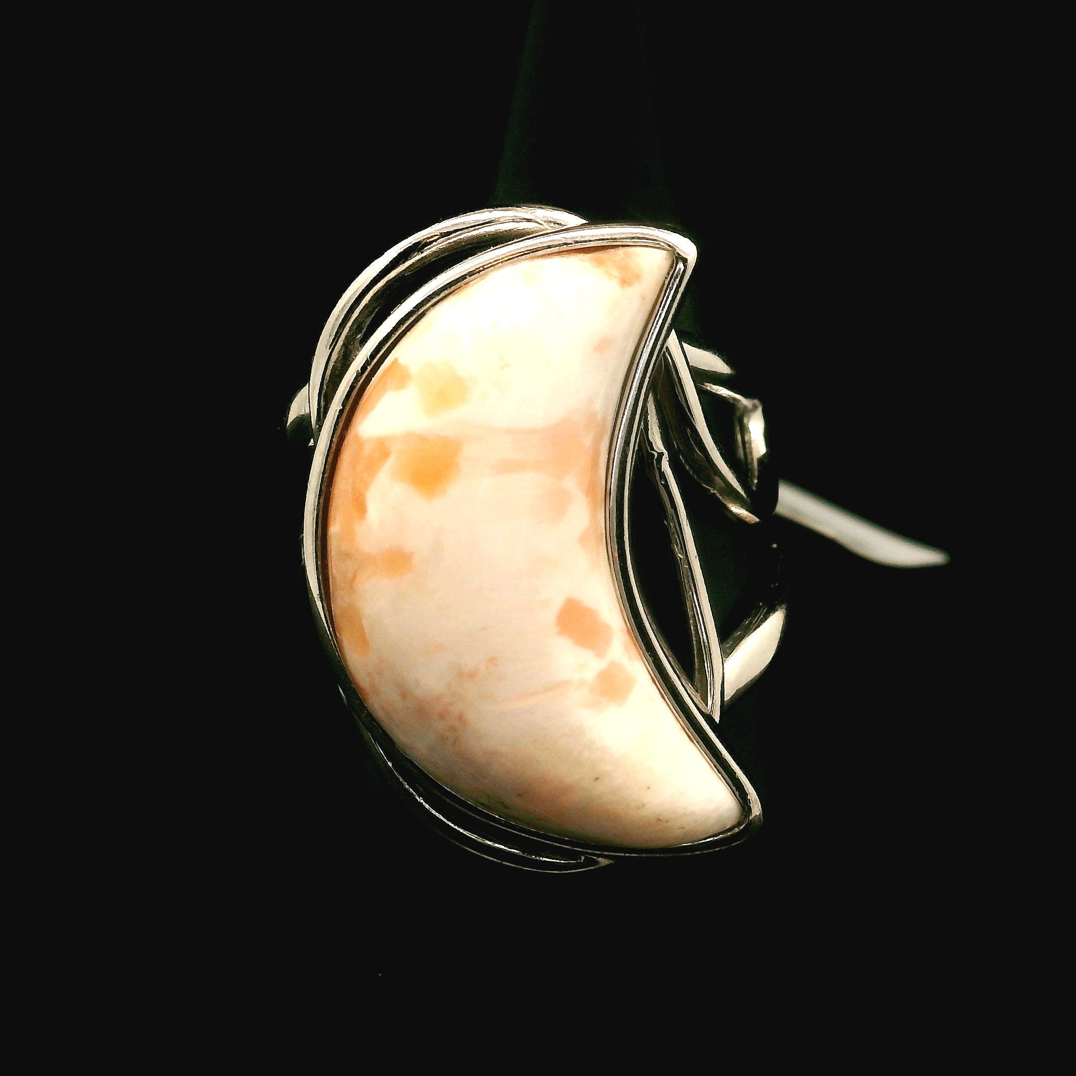 Scolecite Stilbite Moon Cuff Ring .925 Silver for Accessing Higher Realms and Lineage Healing