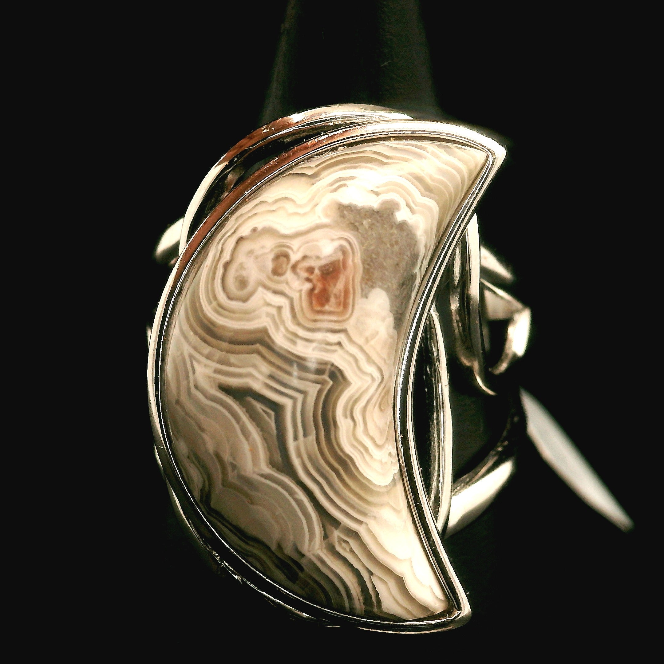 Grey Crazy Lace Agate Moon Cuff Ring in .925 Silver for Promoting Creativity, Hope, New Ideas & Positivity
