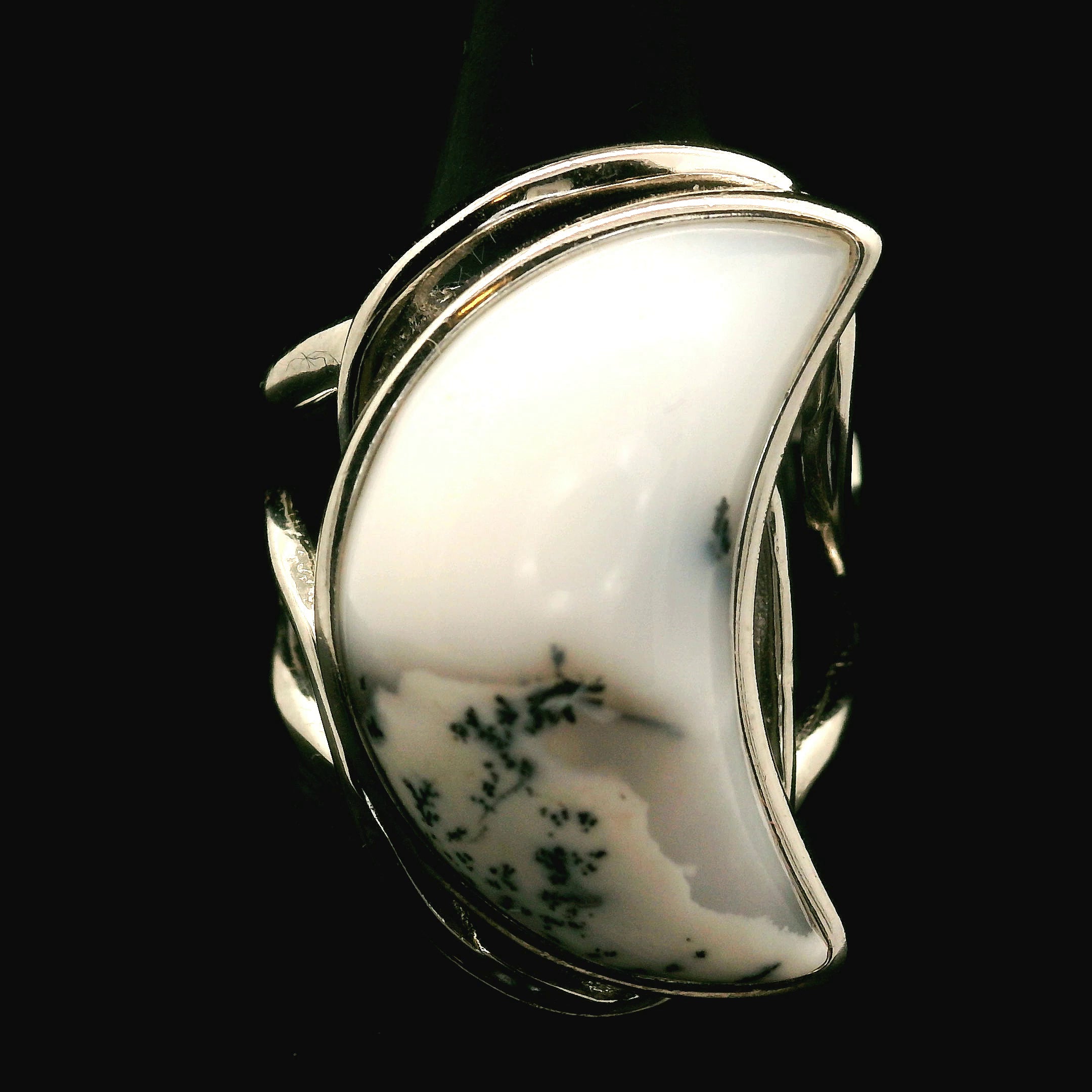Dendritic Opal Moon Cuff Ring .925 Sterling Silver for Inspiration and Spiritual Communication