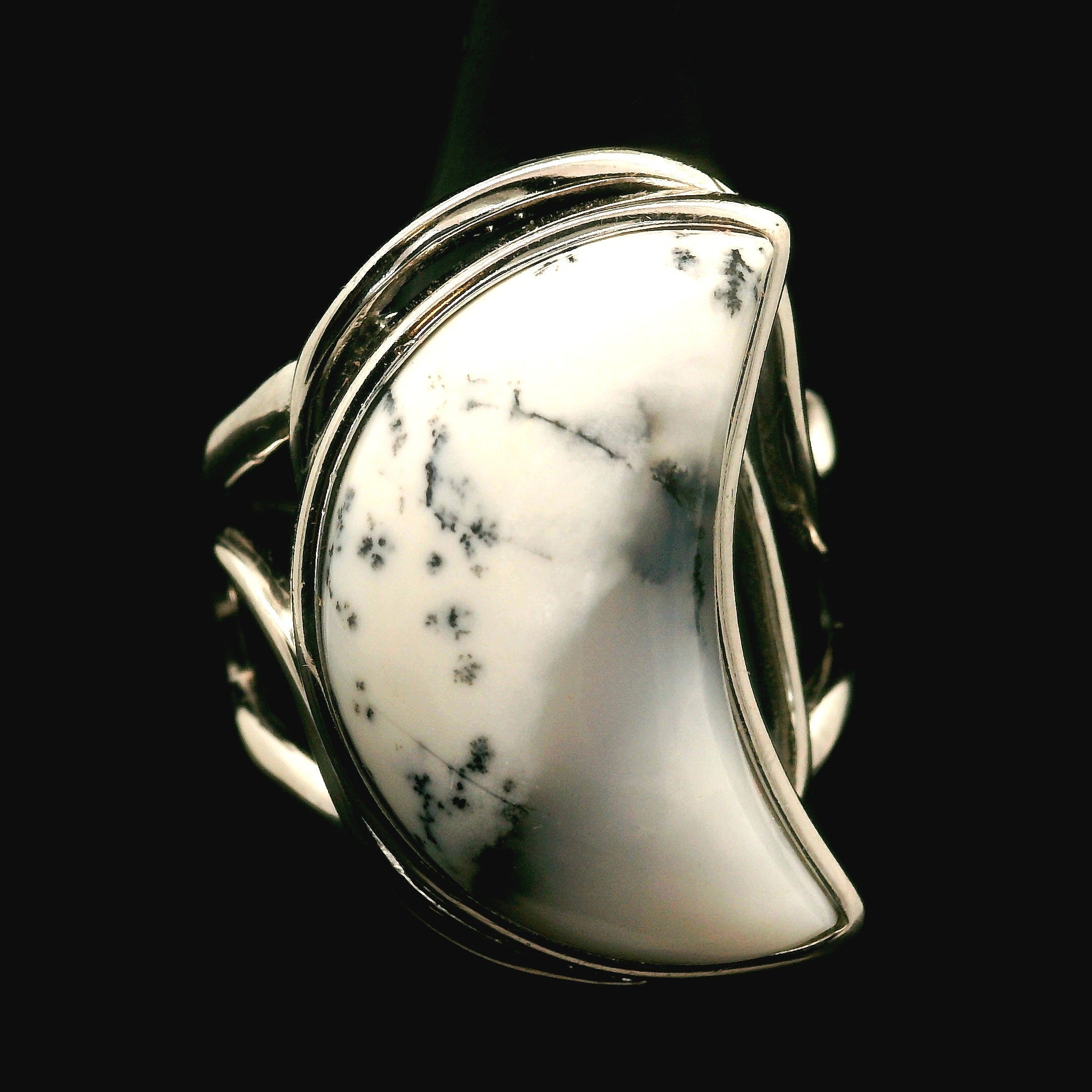 Dendritic Opal Moon Cuff Ring .925 Sterling Silver for Inspiration and Spiritual Communication