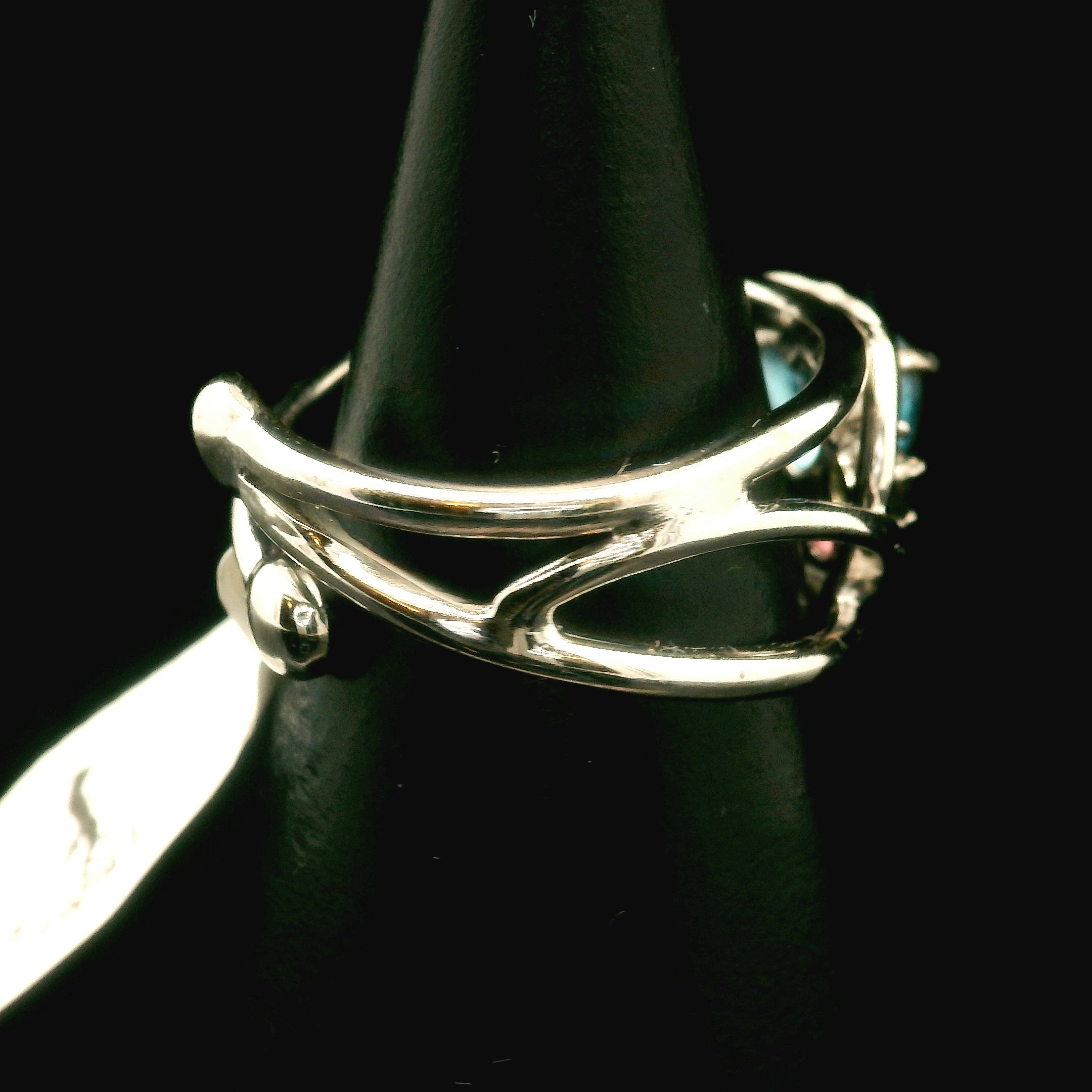 Blue Topaz Heart with Tourmaline Wand Cuff Ring .925 Silver for Higher Levels of Awareness, Peaceful Communication and Clarity
