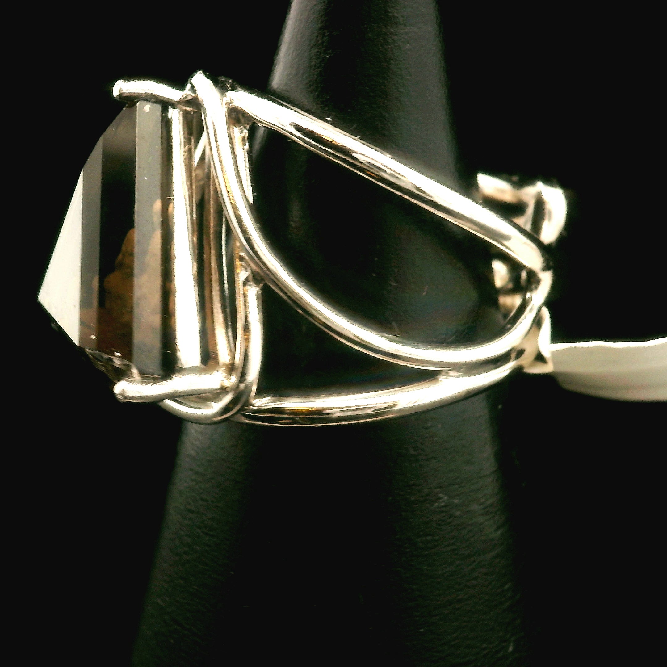 Smoky Quartz Buddha Finger Cuff Adjustable Ring .925 Silver for Energetic Cleansing, Manifestation and Protection