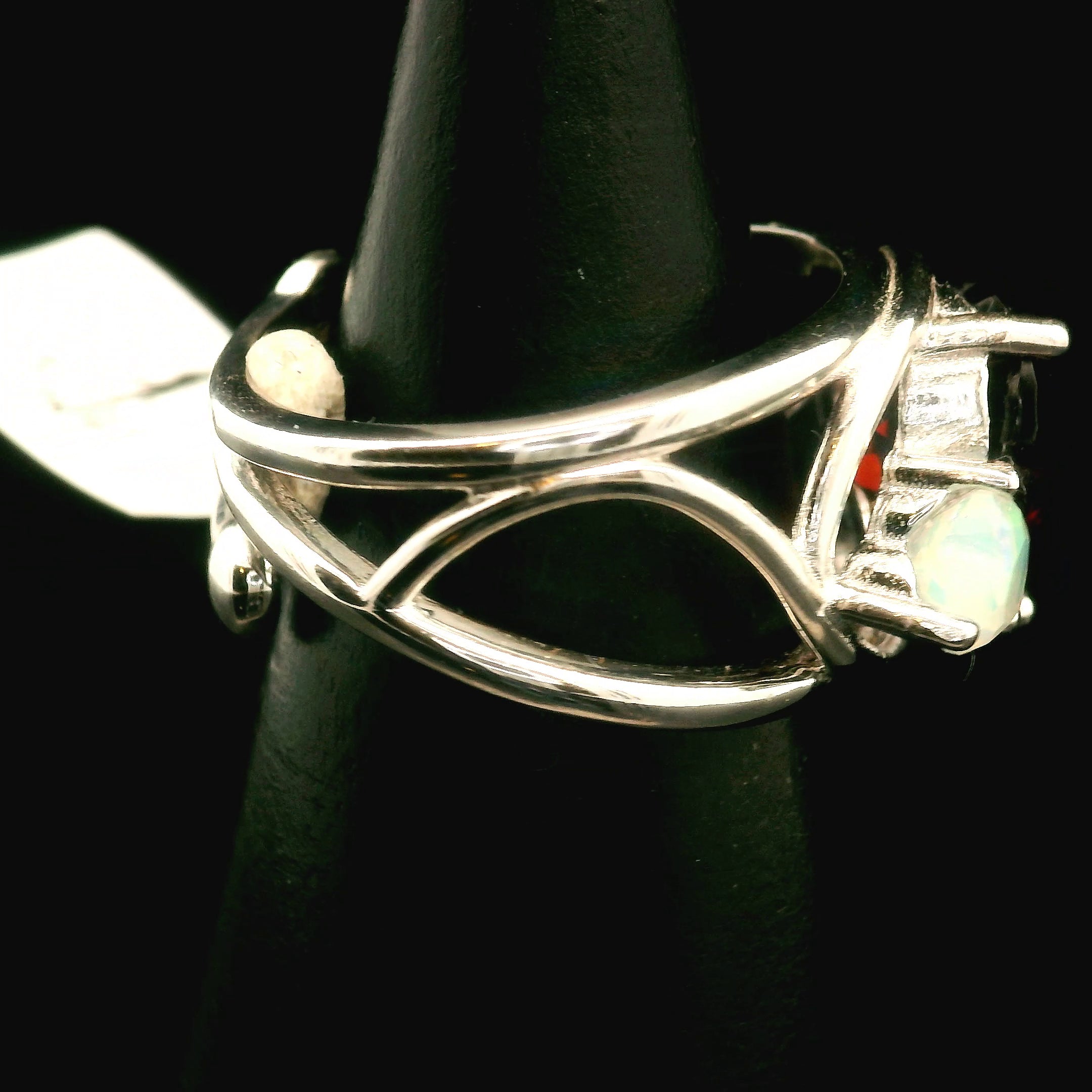 Garnet Almandine & Opal Heart Cuff Ring .925 Silver for Health and Strength