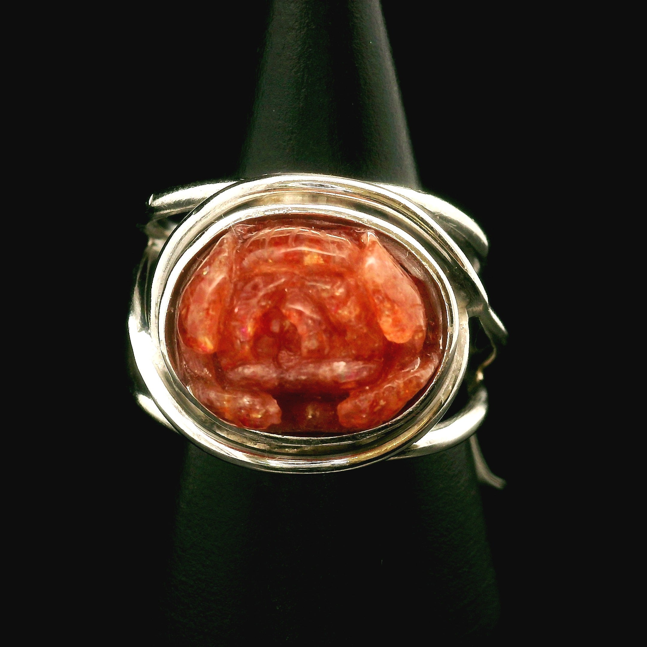 Sunstone Lotus Cuff Ring .925 Silver for Confidence and Strength