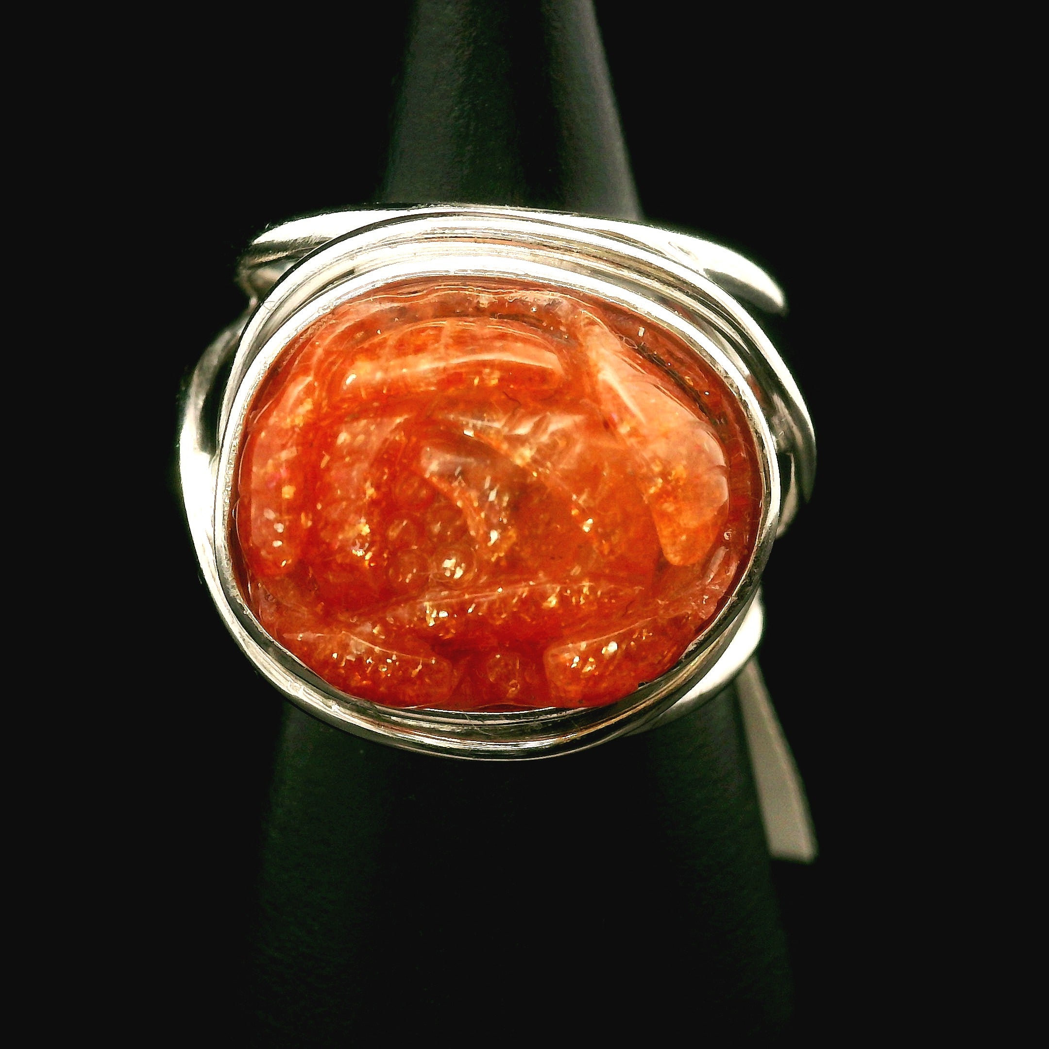 Sunstone Lotus Cuff Ring .925 Silver for Confidence and Strength
