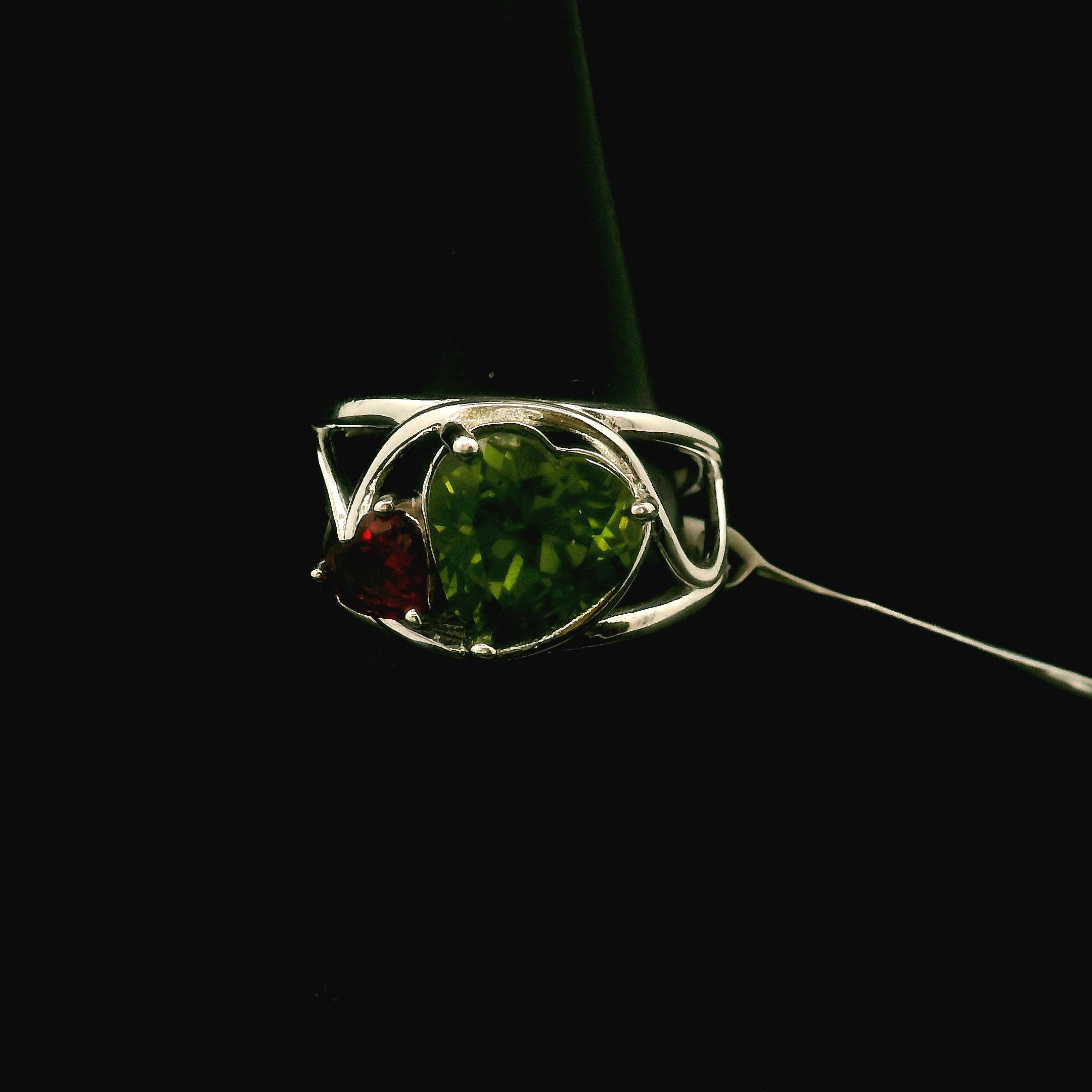 Peridot And Garnet Heart Cuff Ring .925 Silver for Power, Prosperity and Protection
