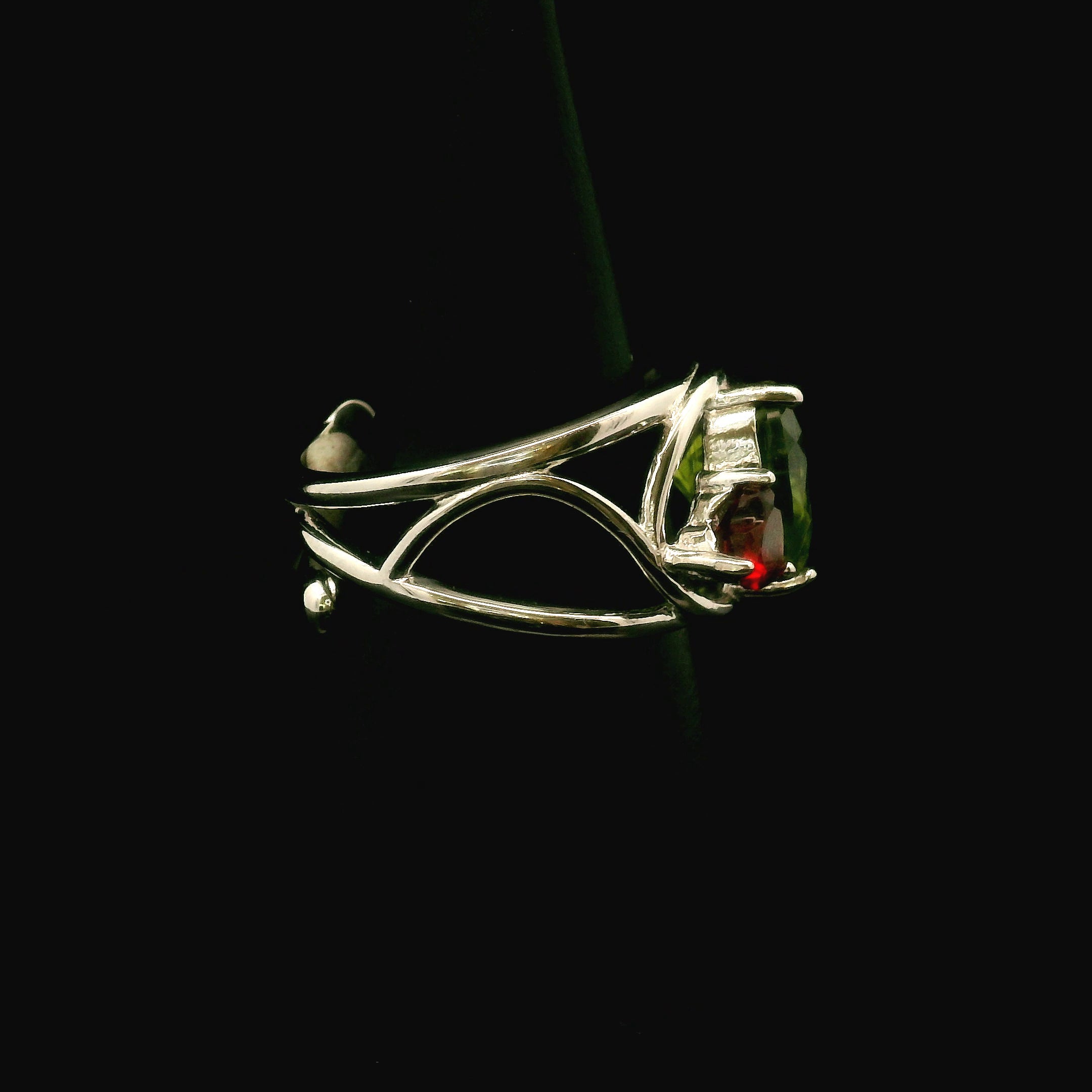 Peridot And Garnet Heart Cuff Ring .925 Silver for Power, Prosperity and Protection