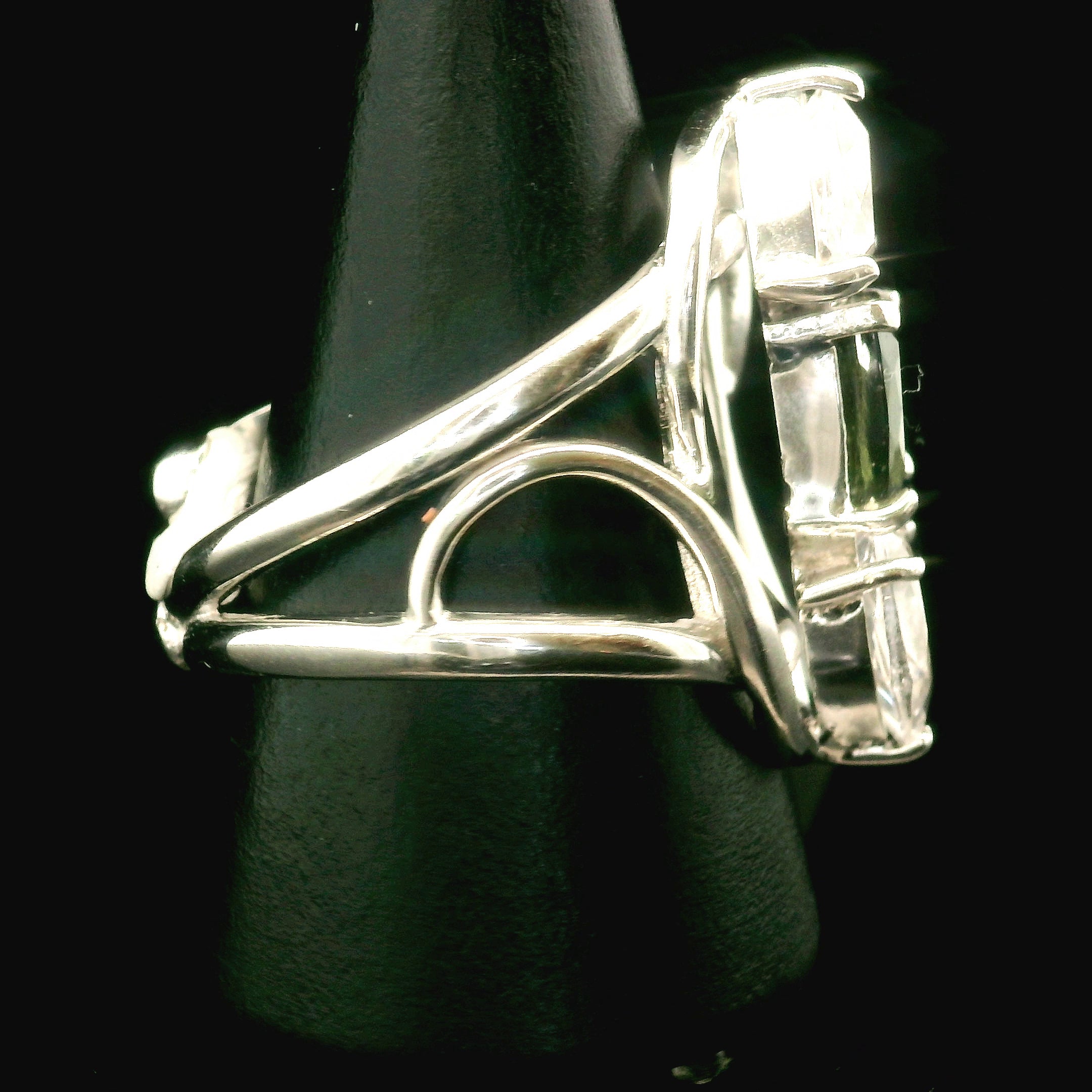 Moldavite Cuff Ring With Danburite and Phenakite .925 Silver for Creating your Dream Life