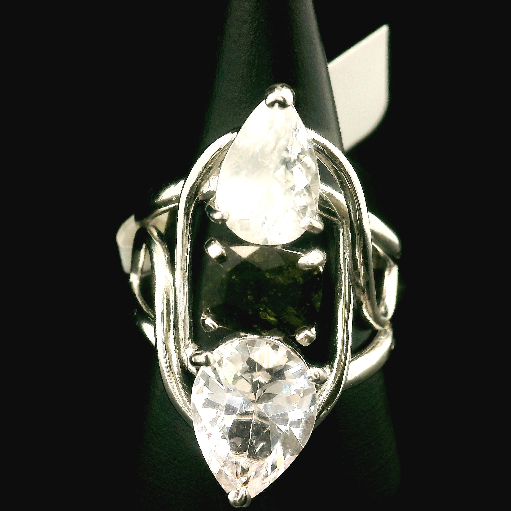 Moldavite Cuff Ring With Danburite and Phenakite .925 Silver for Creating your Dream Life