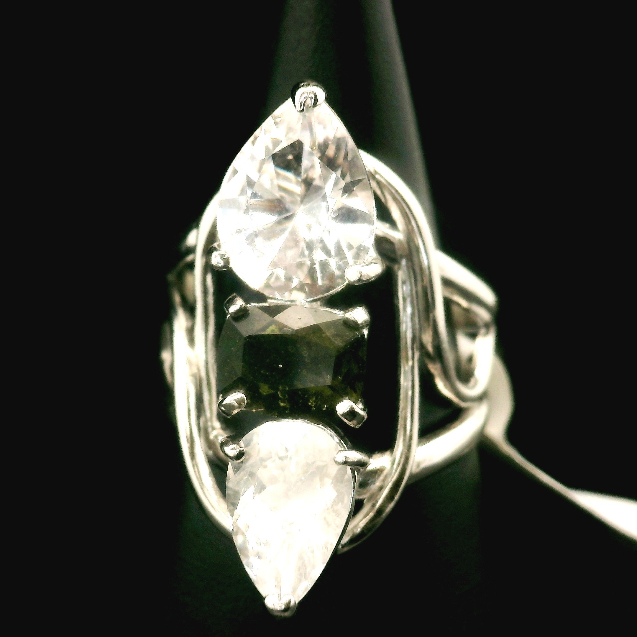Moldavite Cuff Ring With Danburite and Phenakite .925 Silver for Creating your Dream Life