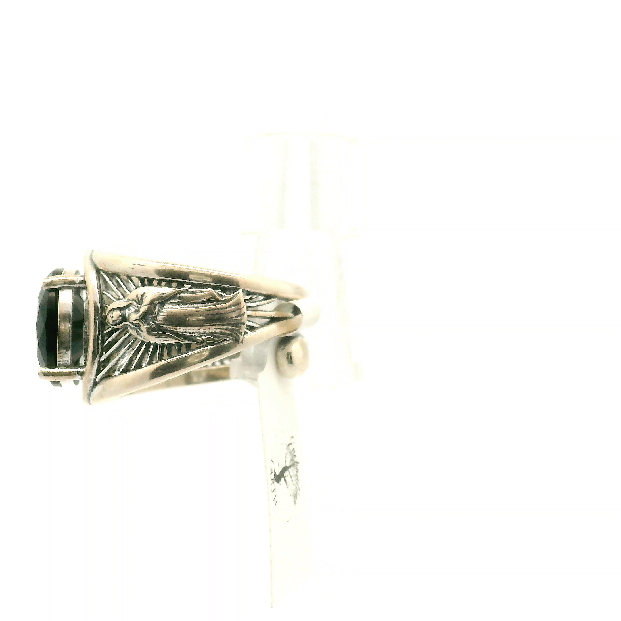 Black Spinel Jesus and Mother Mary Cuff Ring .925 Silver for Empowerment, Grounding and Protection