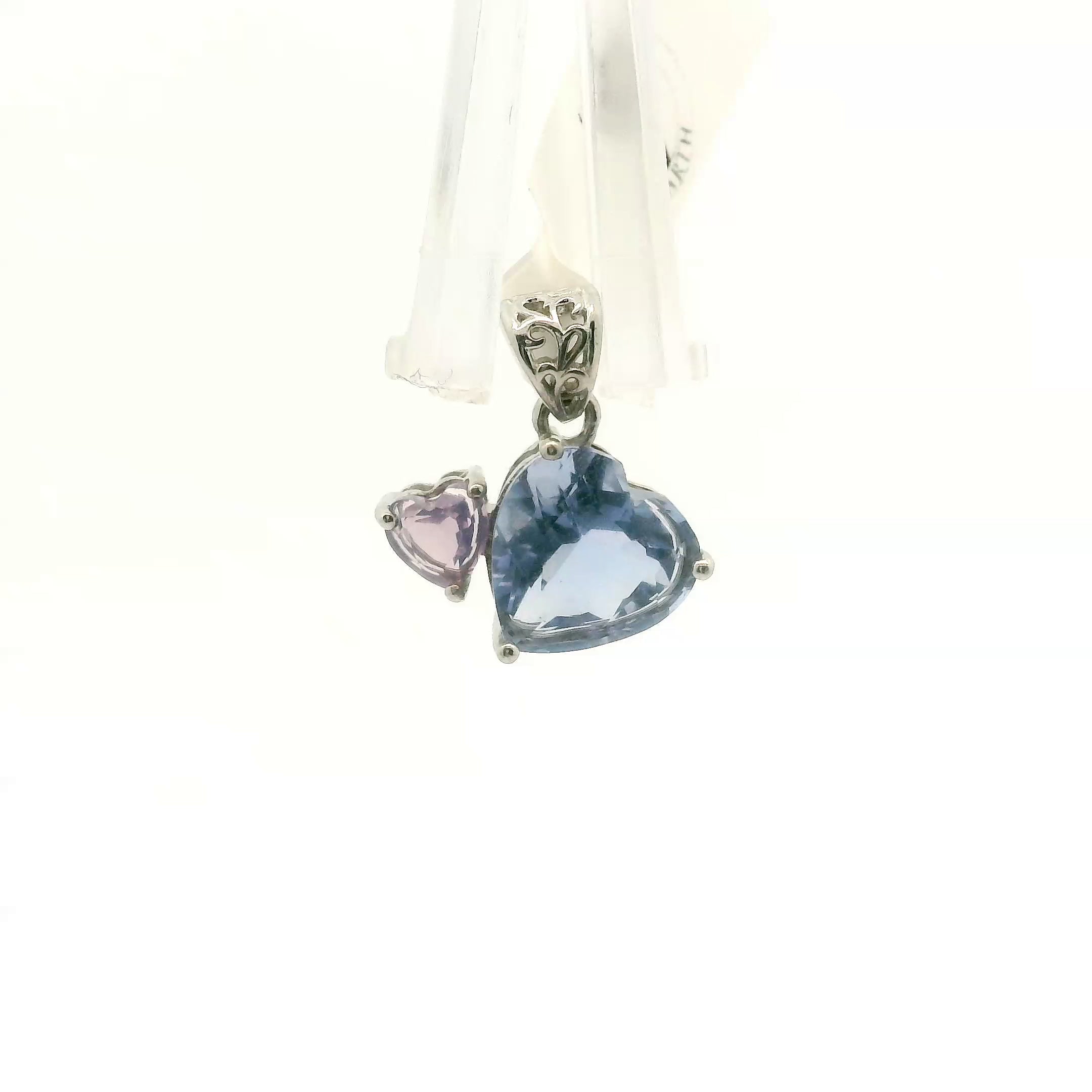 Blue Fluorite and Lavender Moon Quartz Double Heart Pendant .925 Silver for Clarity and Focus