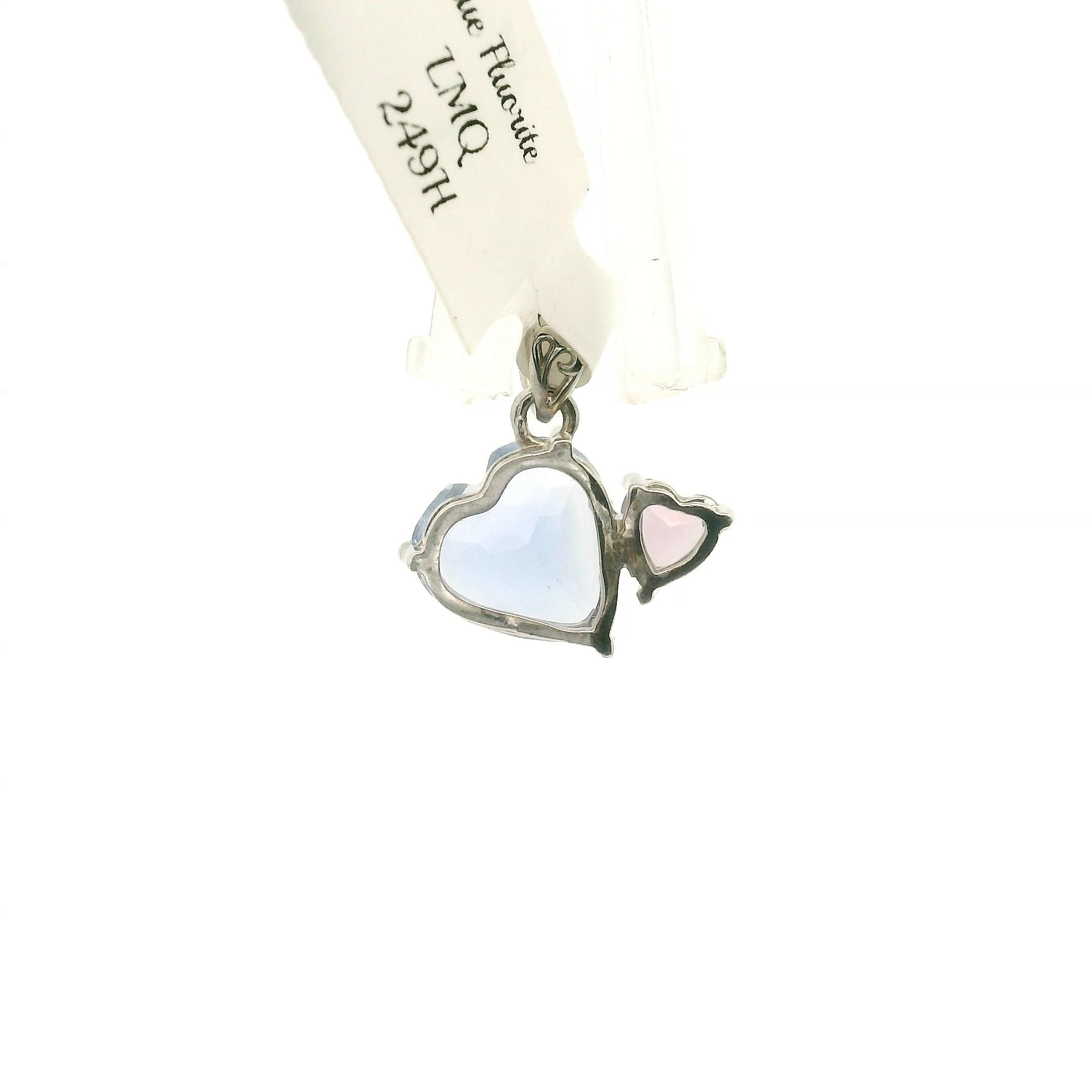 Blue Fluorite and Lavender Moon Quartz Double Heart Pendant .925 Silver for Clarity and Focus