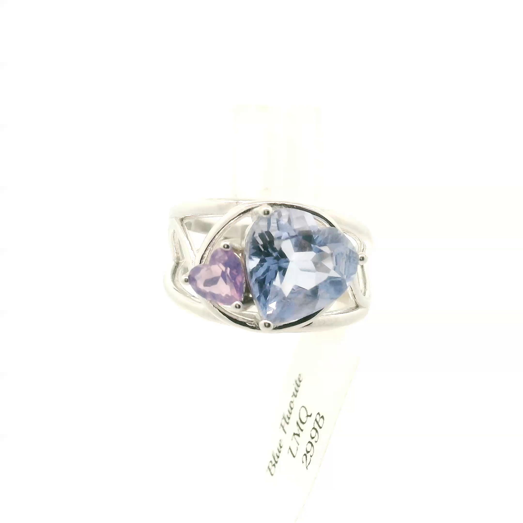 Blue Fluorite and Lavender Moon Quartz Double Heart Cuff Ring .925 Silver for Clarity and Focus