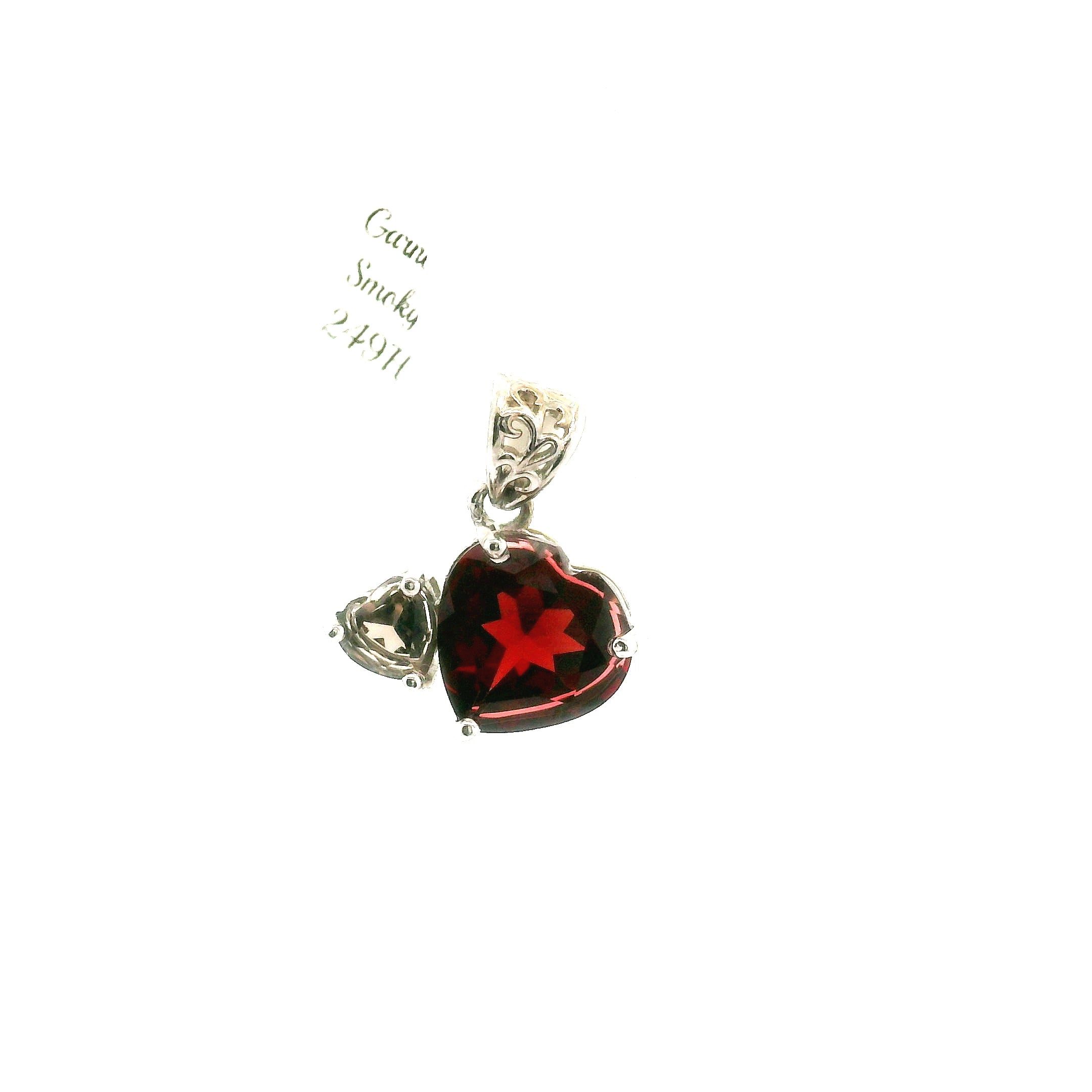 Garnet & Smoky Heart Pendant .925 Silver for Health and Strength