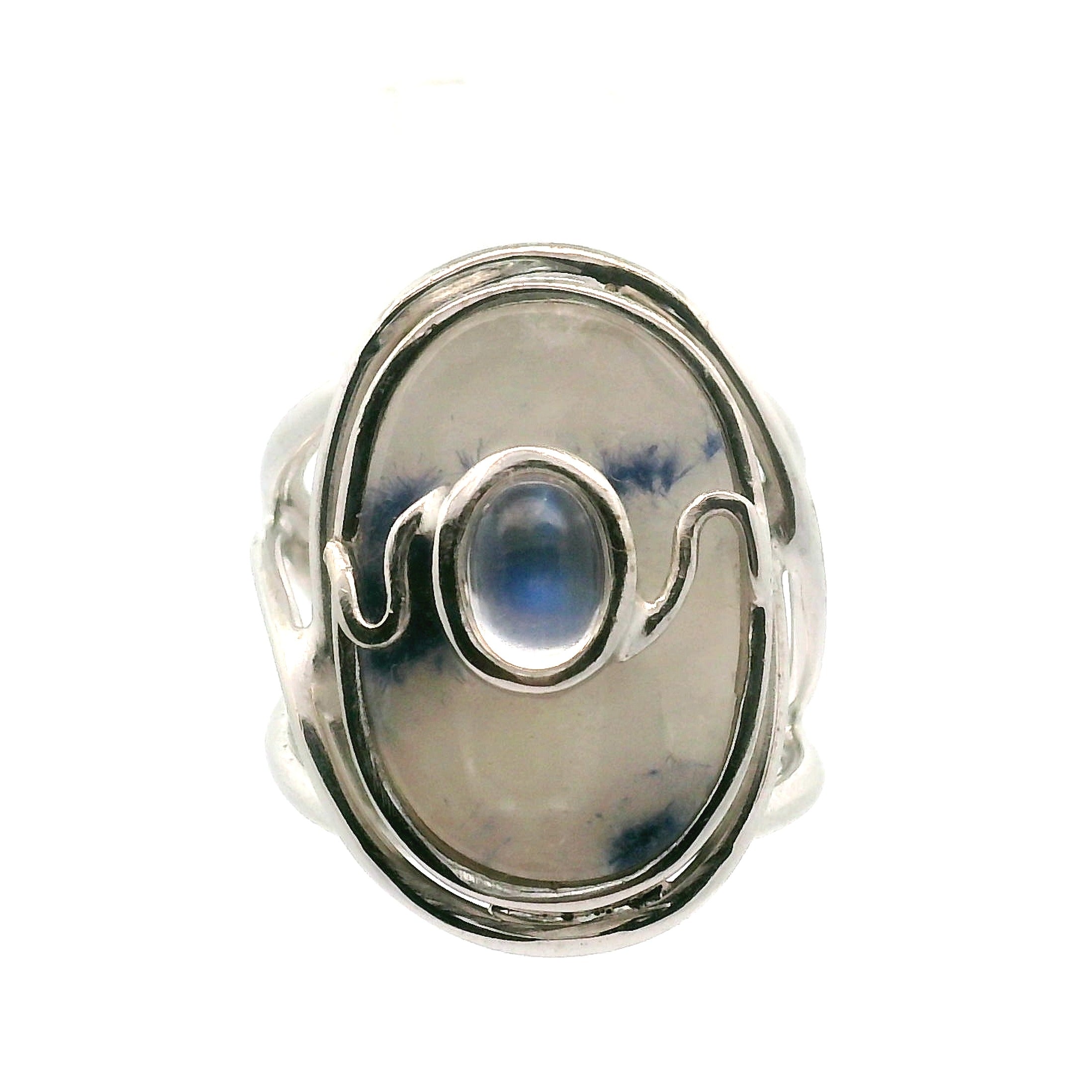 Dumortierite in Quartz And Moonstone Cuff Ring .925 Silver for Hope, Improving Memory and New Ideas