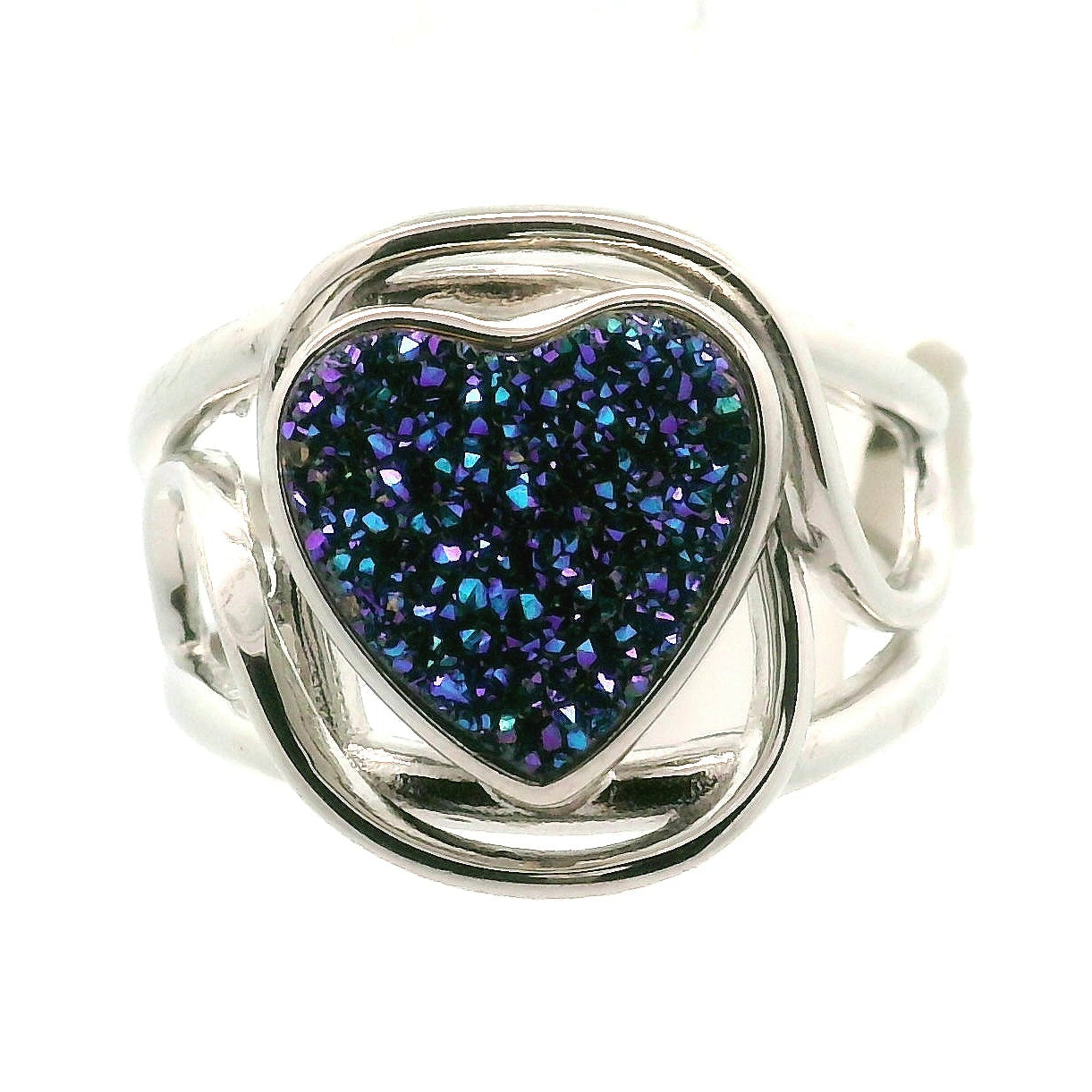 Titanium Aura Druzy Heart Finger Cuff Adjustable Ring .925 Silver for Peace and Soothing Stress
